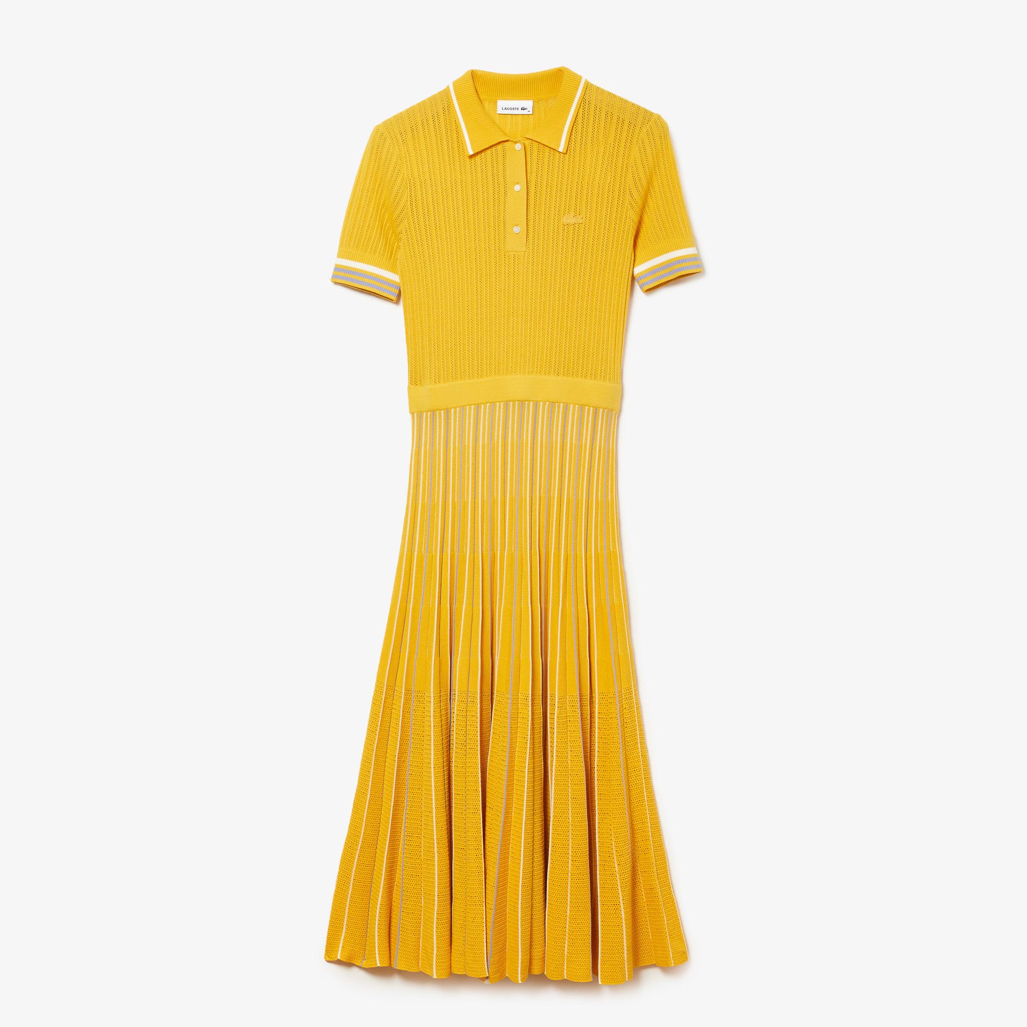 Lacoste Kadın Kısa Kollu Çizgili Polo Yaka Sarı Elbise. 8