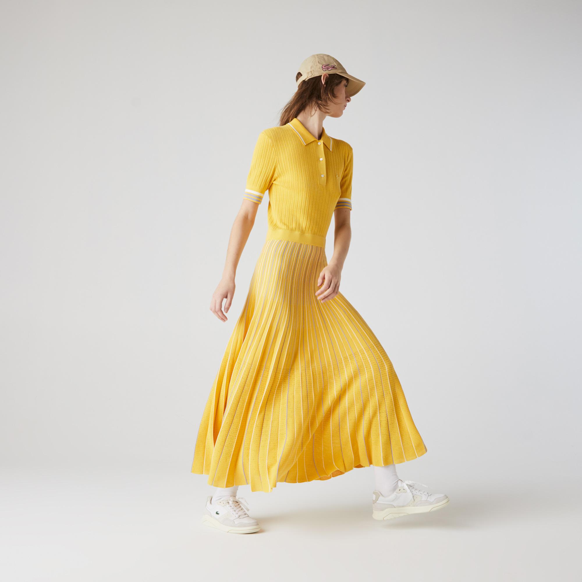 Lacoste Kadın Kısa Kollu Çizgili Polo Yaka Sarı Elbise. 6