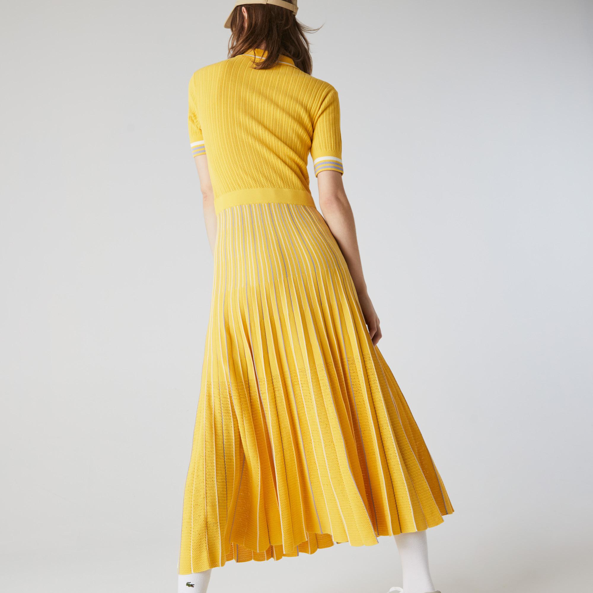 Lacoste Kadın Kısa Kollu Çizgili Polo Yaka Sarı Elbise. 7