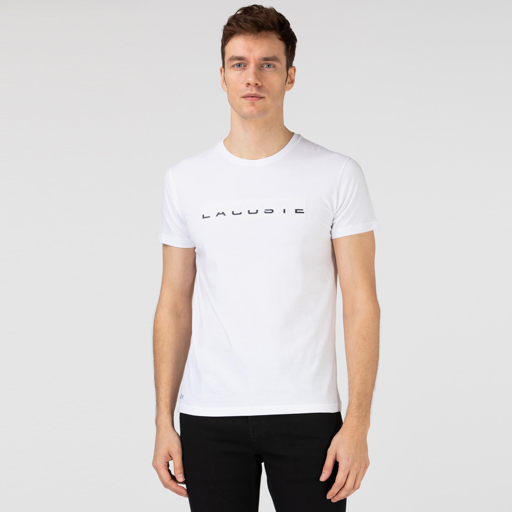 Lacoste Erkek Slim Fit Bisiklet Yaka Baskılı Beyaz T-Shirt. 4