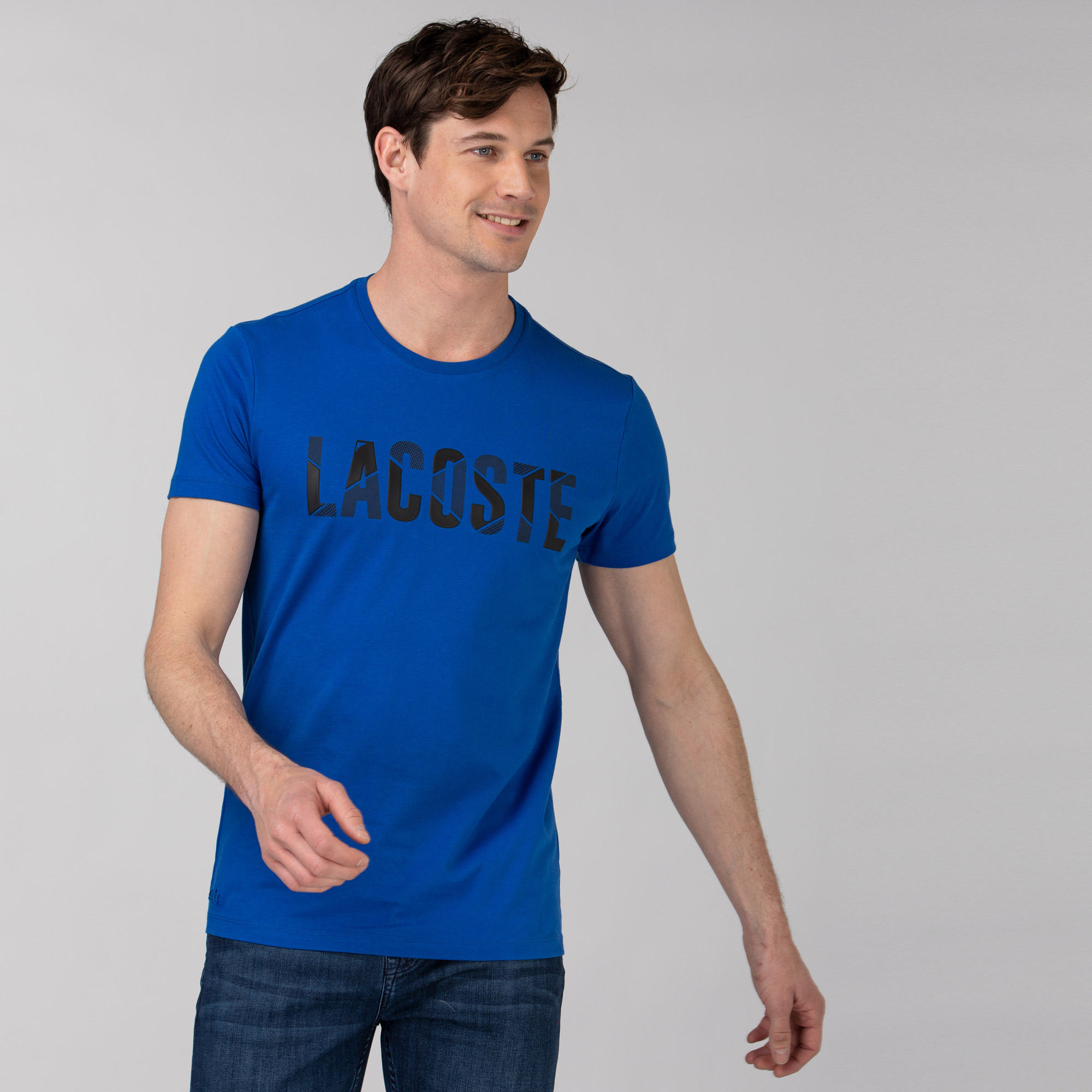 Lacoste Erkek Bisiklet Yaka Baskılı Mavi T-Shirt. 1