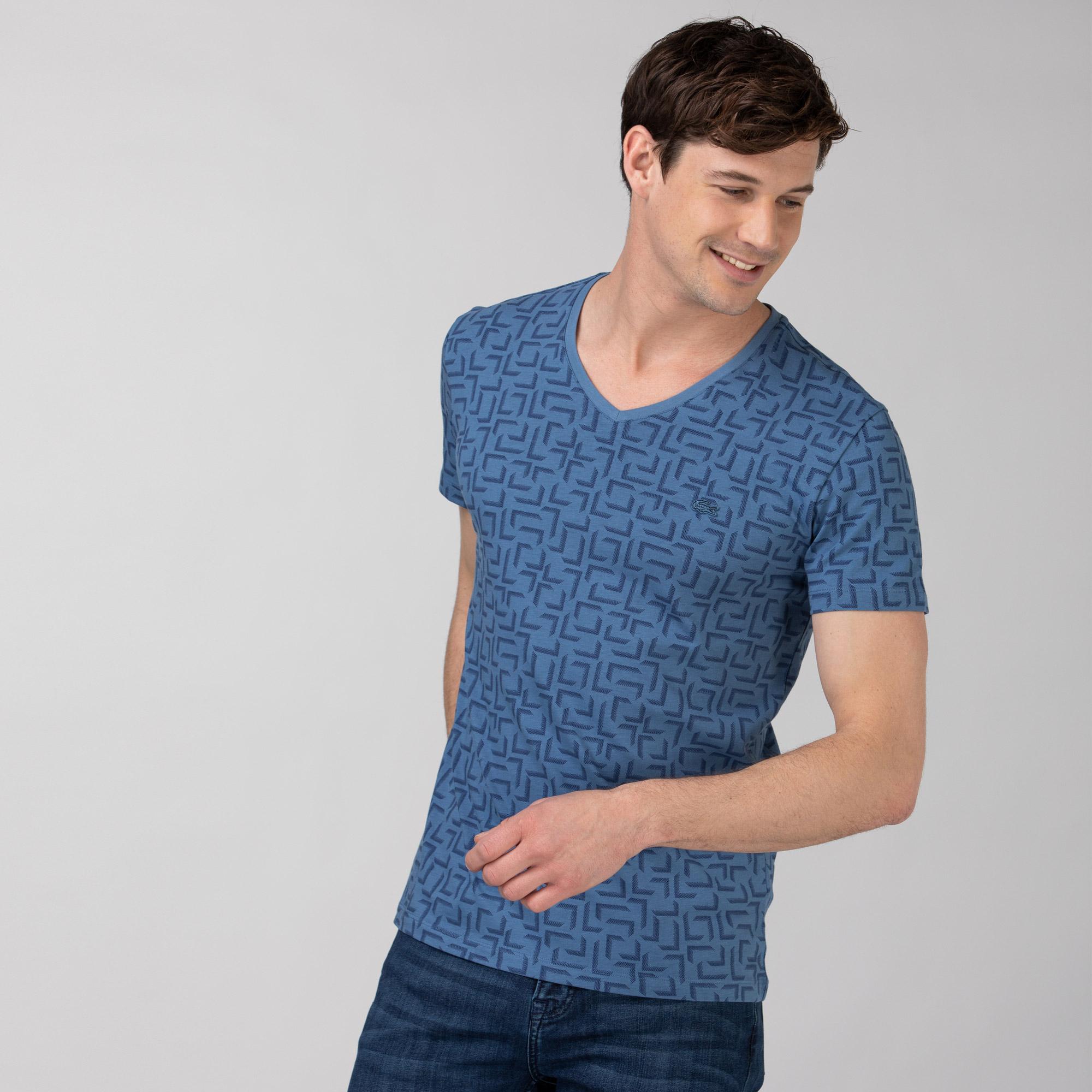 Lacoste Erkek Slim Fit V Yaka Desenli Mavi T-Shirt. 4