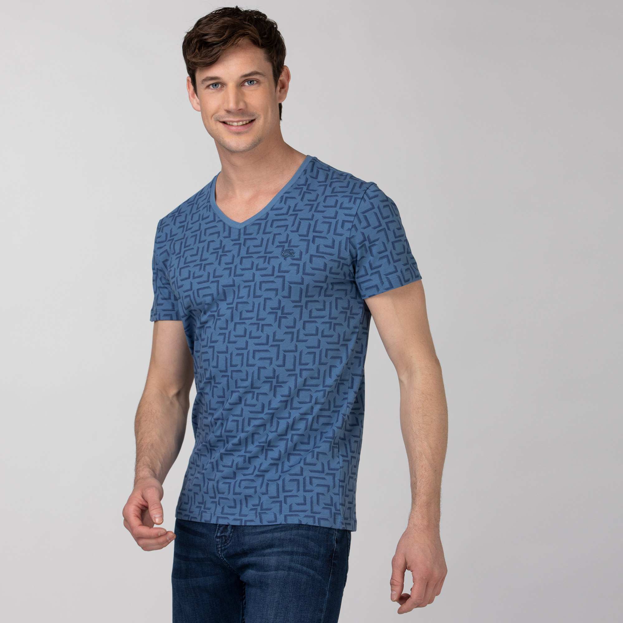 Lacoste Erkek Slim Fit V Yaka Desenli Mavi T-Shirt. 1