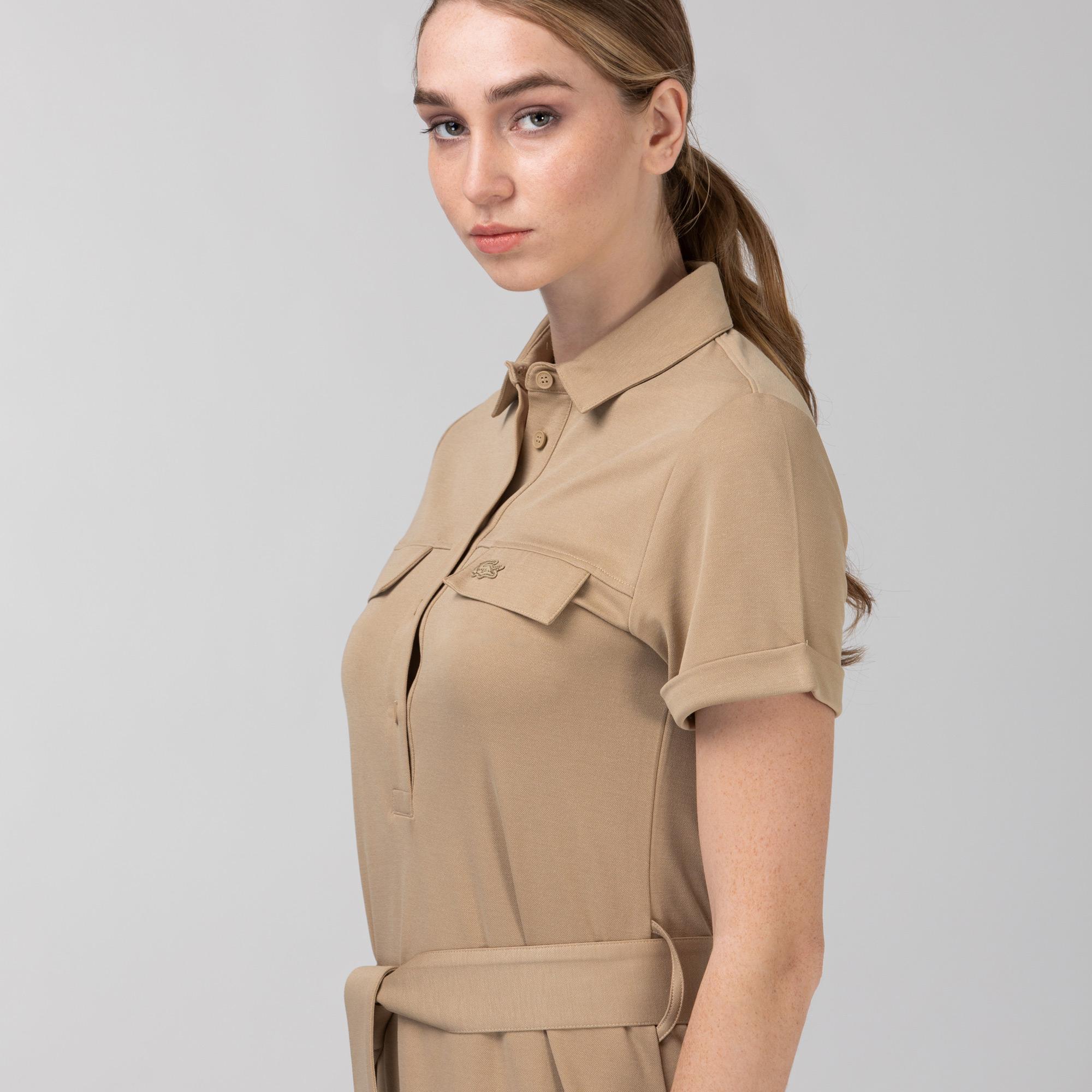 Lacoste Kadın Kısa Kollu Gömlek Yaka Açık Kahverengi Elbise. 1