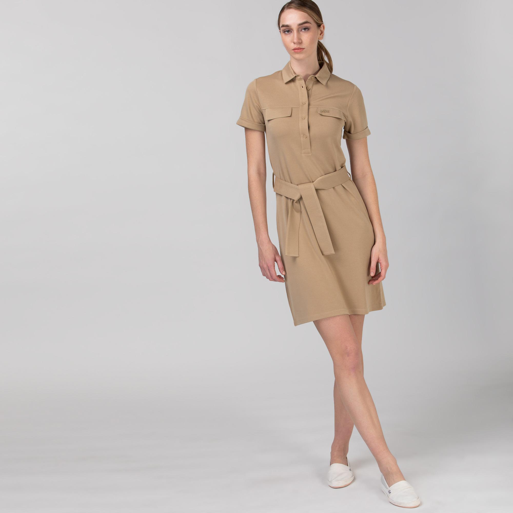 Lacoste Kadın Kısa Kollu Gömlek Yaka Açık Kahverengi Elbise. 4