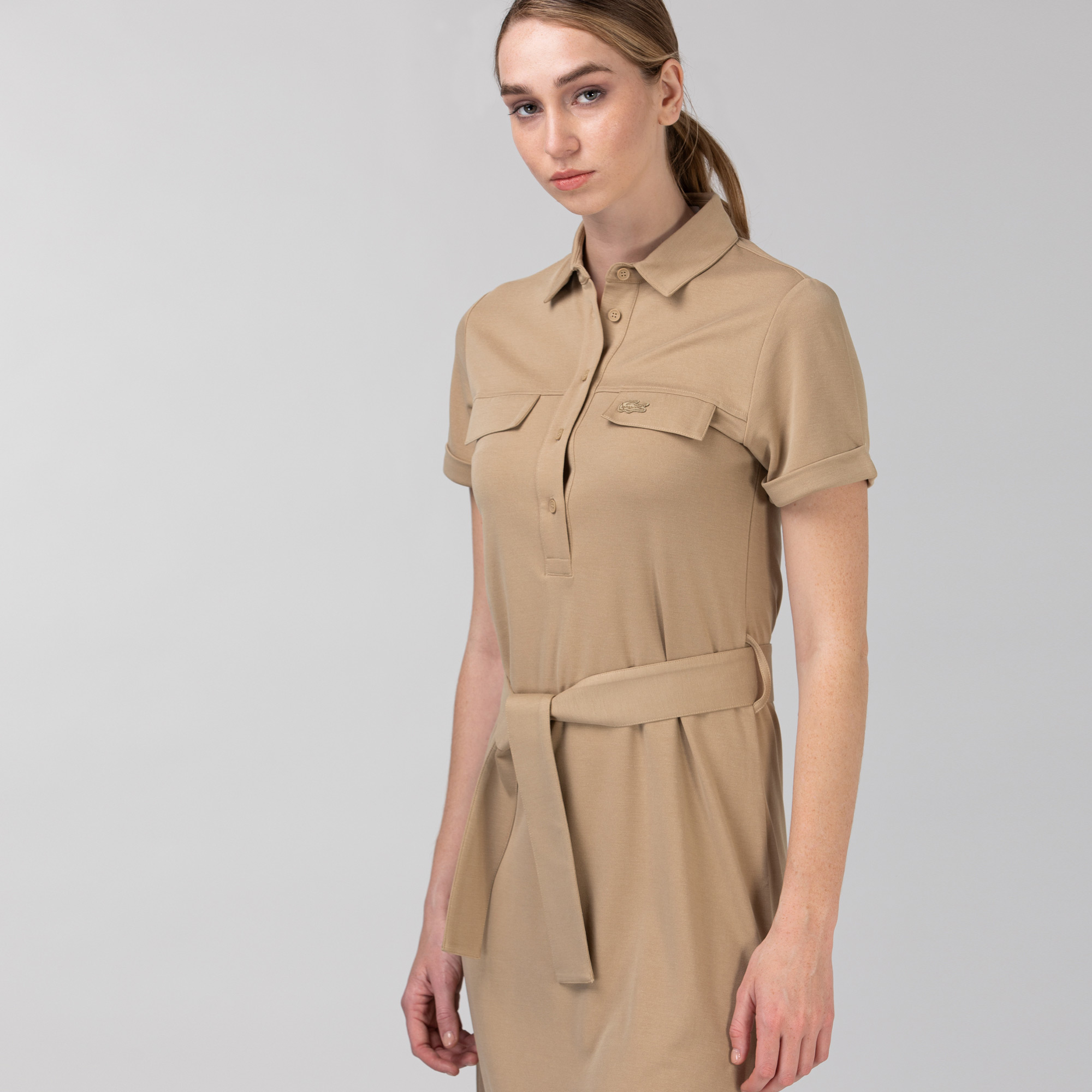 Lacoste Kadın Kısa Kollu Gömlek Yaka Açık Kahverengi Elbise. 3