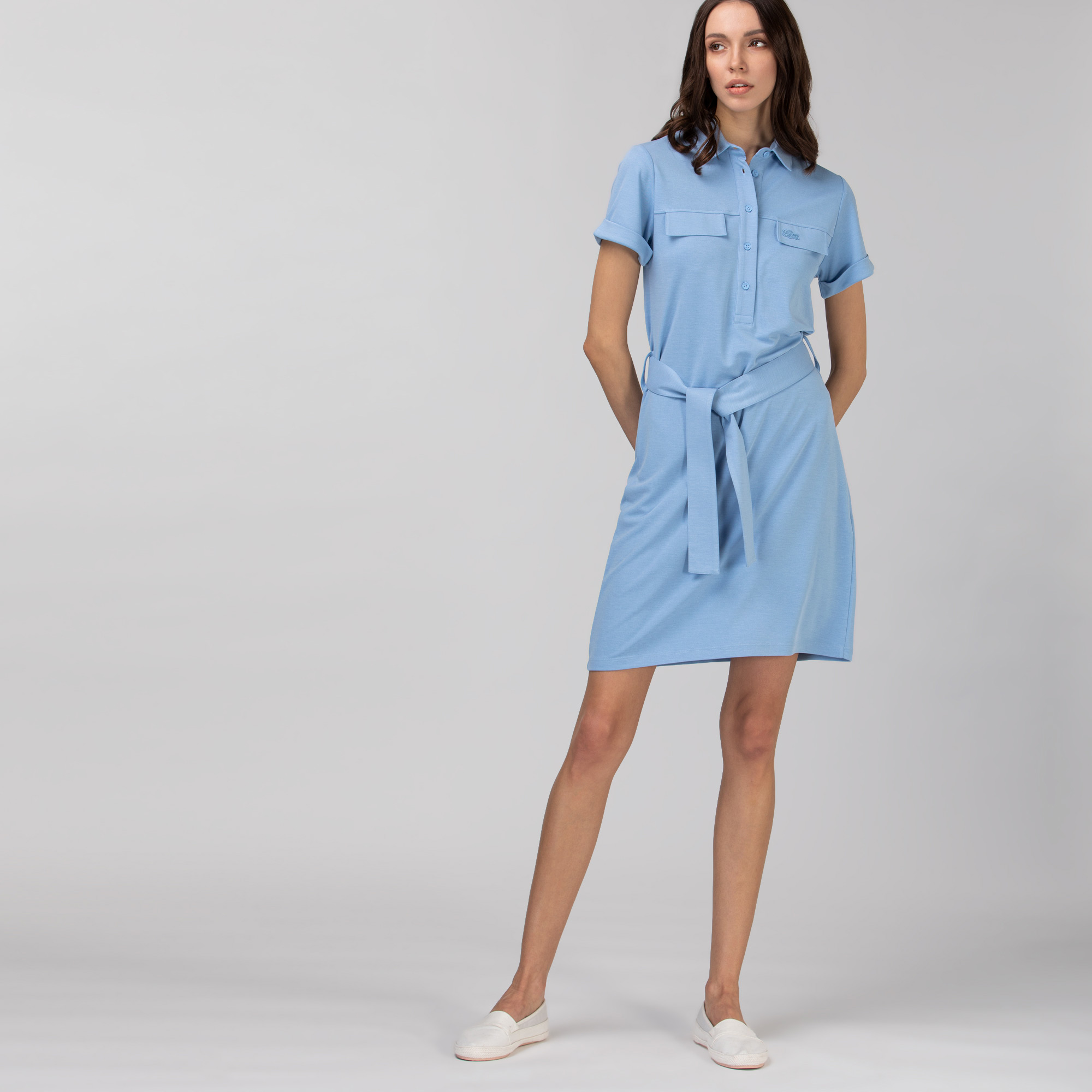 Lacoste Kadın Kısa Kollu Gömlek Yaka Açık Mavi Elbise. 1