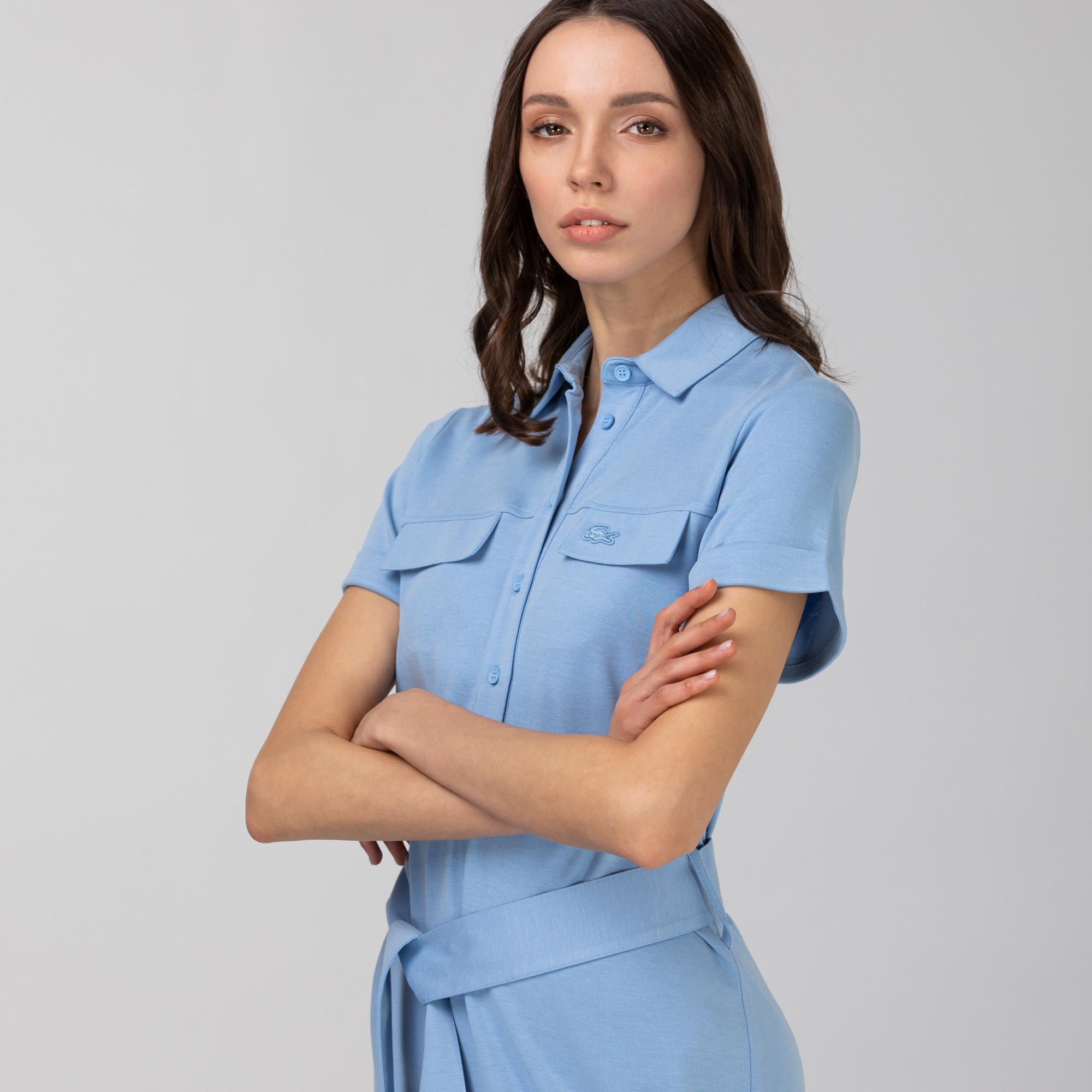 Lacoste Kadın Kısa Kollu Gömlek Yaka Açık Mavi Elbise. 4