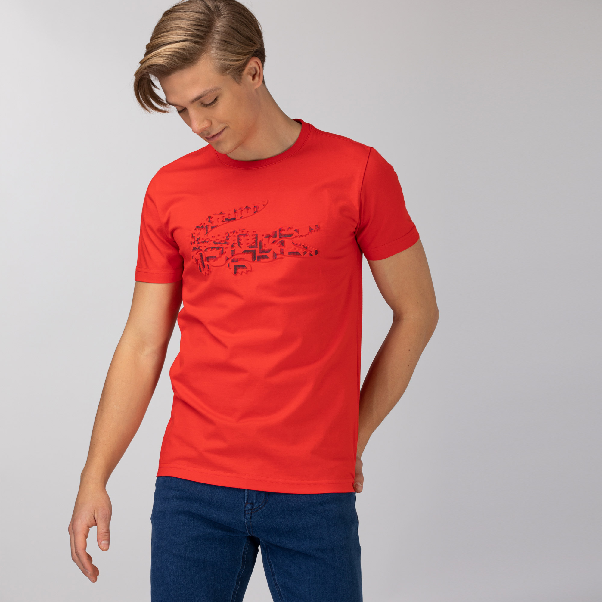 Lacoste Erkek Slim Fit Bisiklet Yaka Baskılı Kırmızı T-Shirt. 1