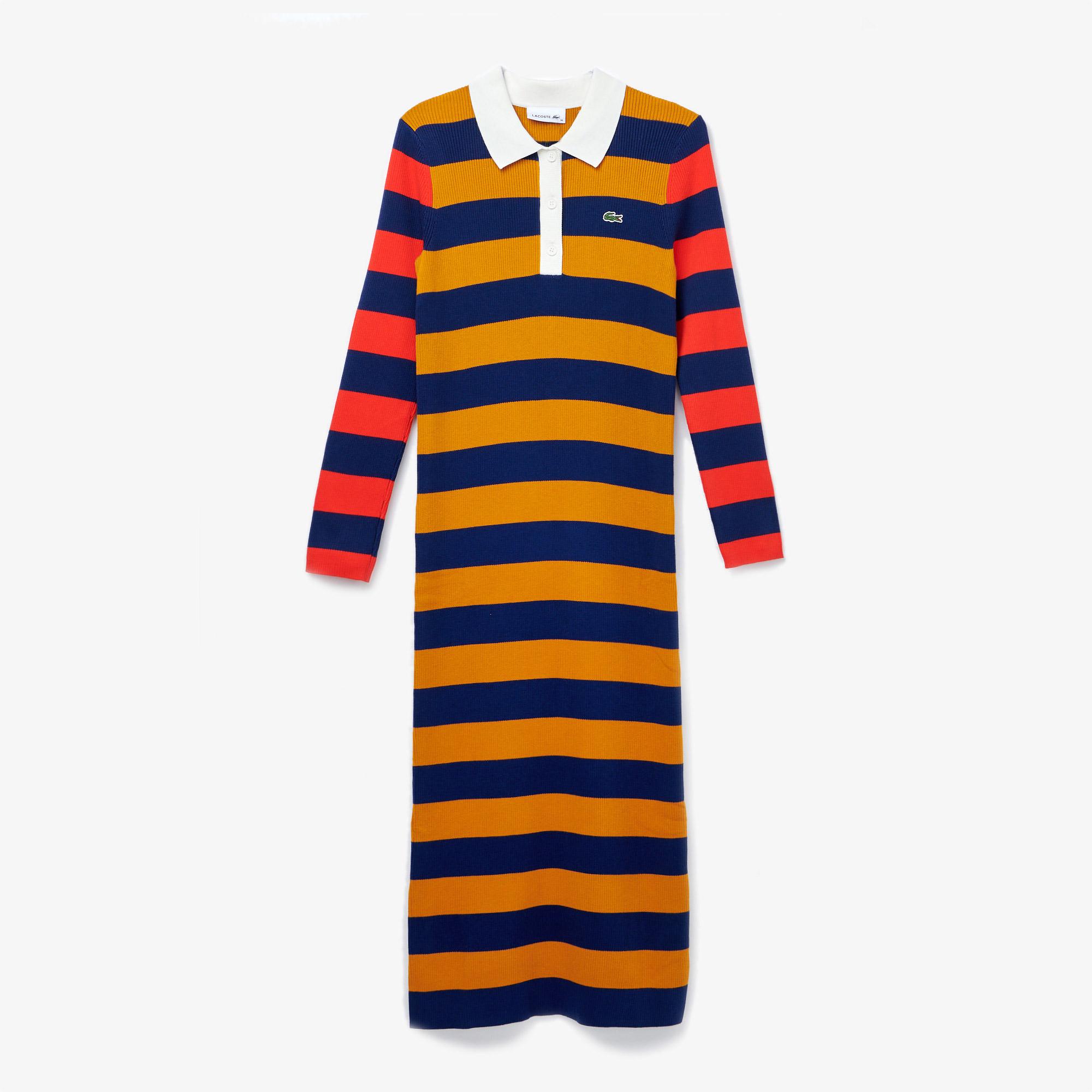 Lacoste Kadın Uzun Kollu Polo Yaka Çizgili Renkli Elbise. 6