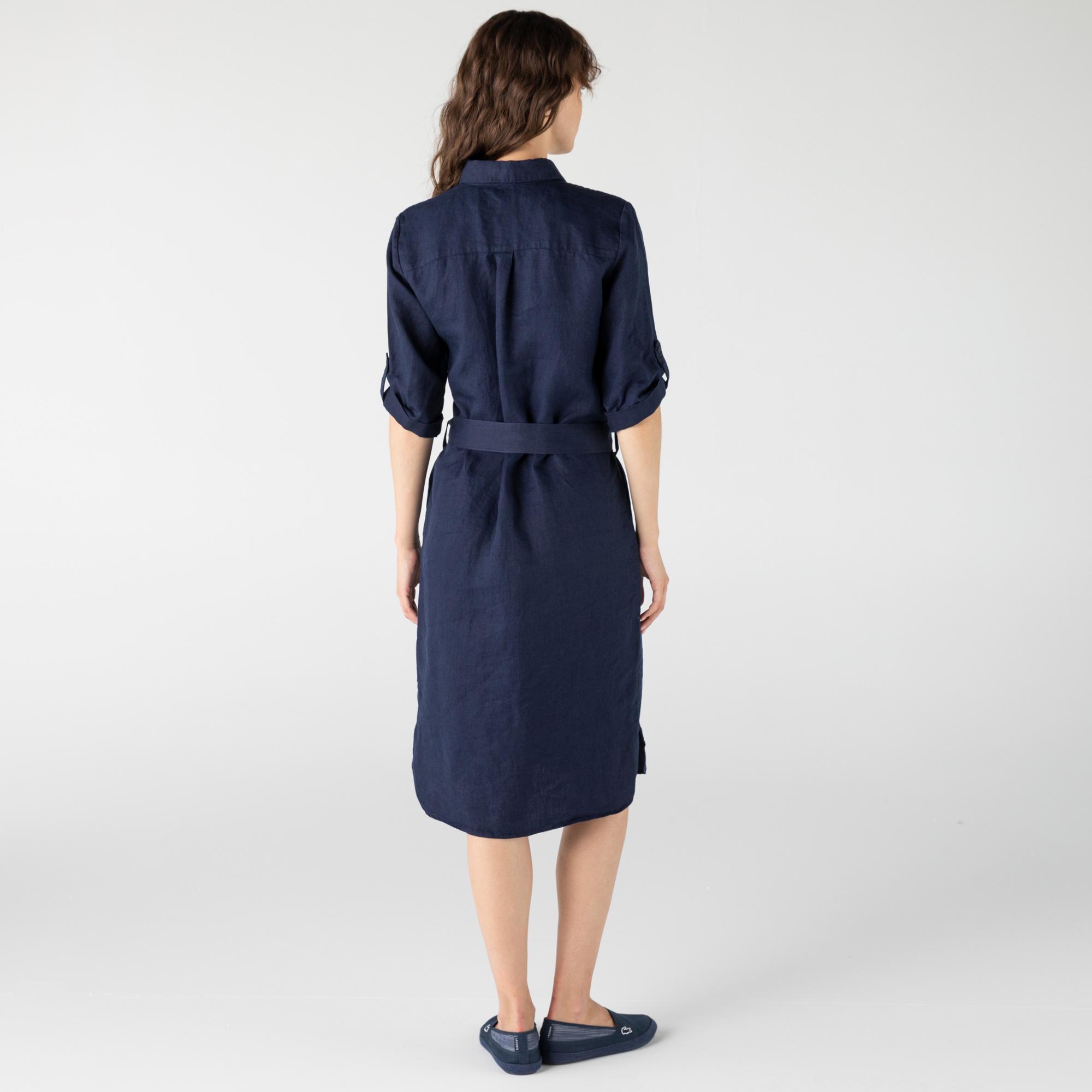 Lacoste Kadın Regular Fit Keten Gömlek Yaka Kısa Kollu Lacivert Elbise. 1
