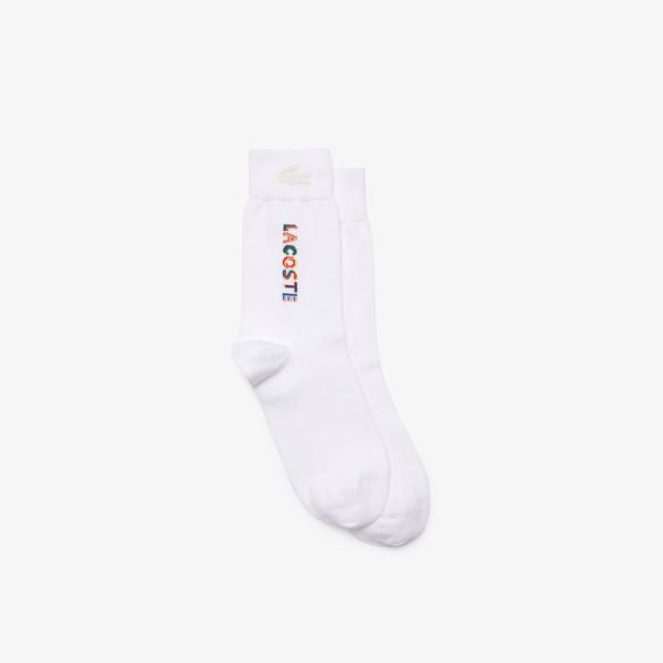 Lacoste L!VE Unisex Uzun Baskılı Beyaz Çorap