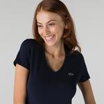 Lacoste Kadın Slim Fit V Yaka Lacivert T-Shirt