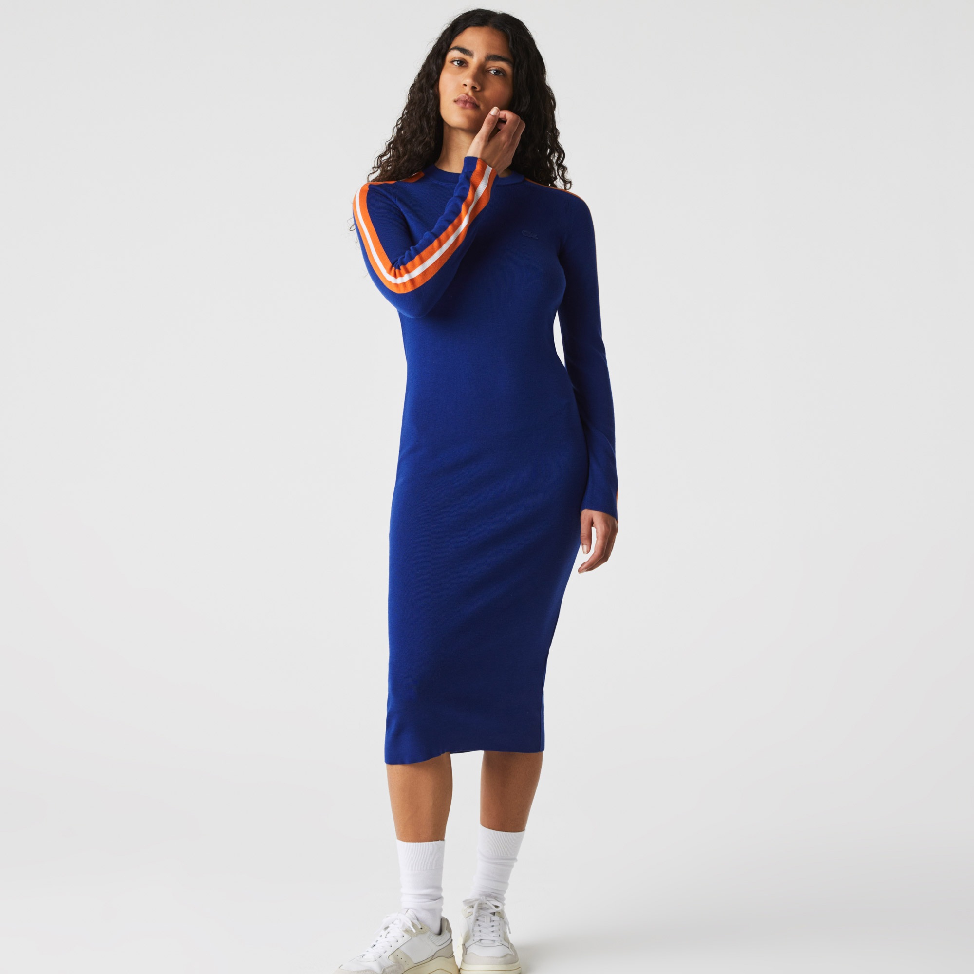 Lacoste Kadın Slim Fit Uzun Kollu Bisiklet Yaka Çizgili Mavi Midi Elbise. 1