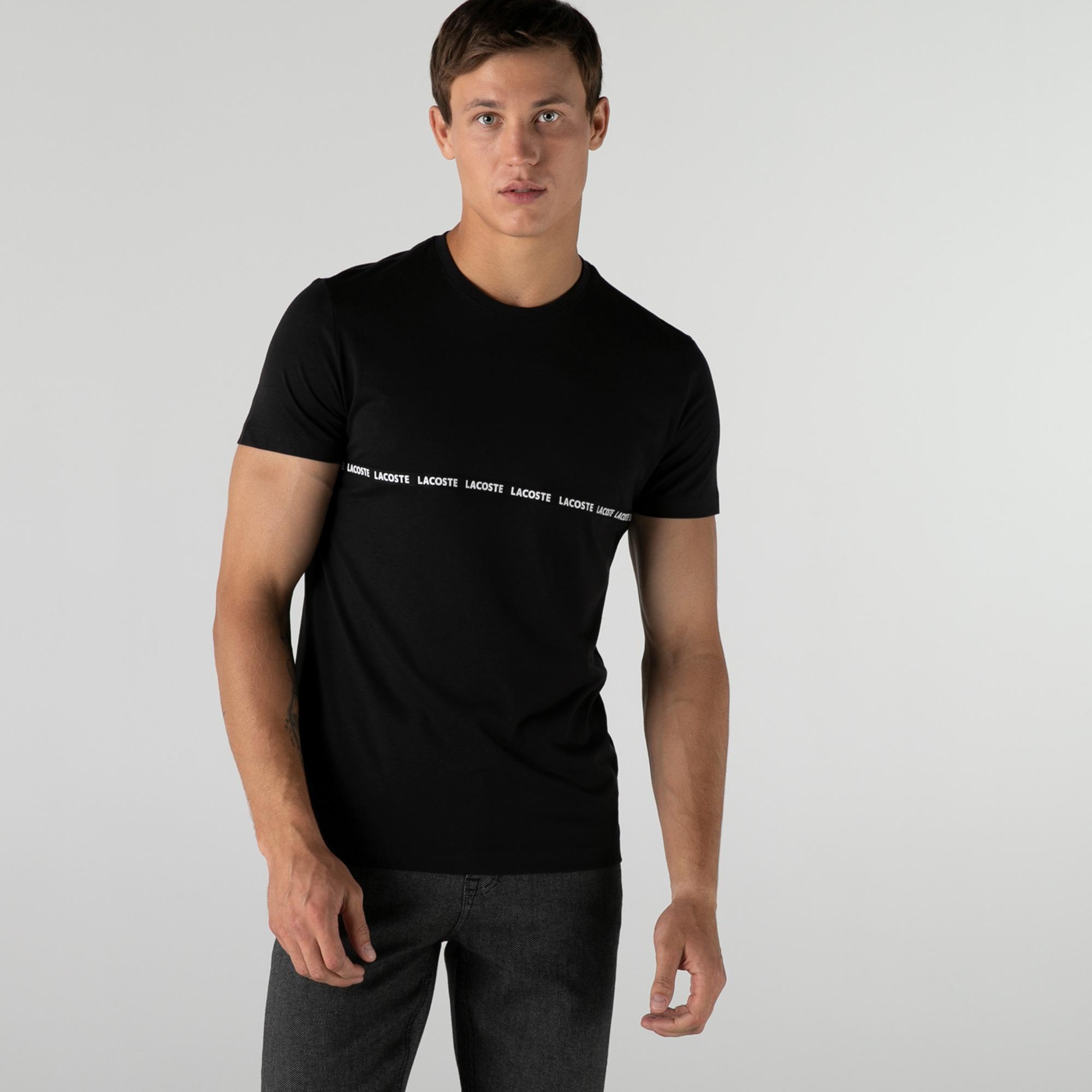 Lacoste Erkek Slim Fit Bisiklet Yaka Baskılı Siyah T-Shirt. 4