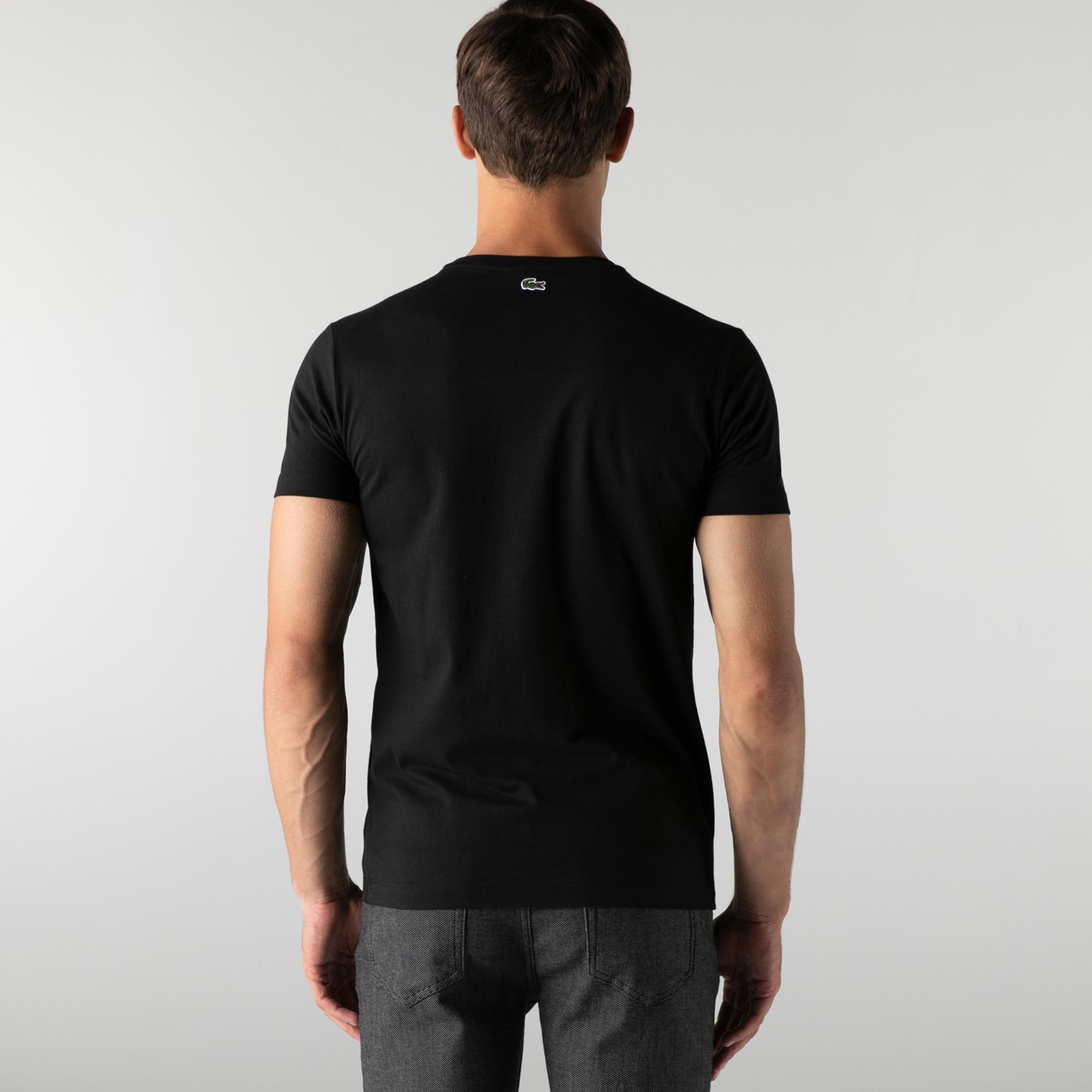 Lacoste Erkek Slim Fit Bisiklet Yaka Baskılı Siyah T-Shirt. 5