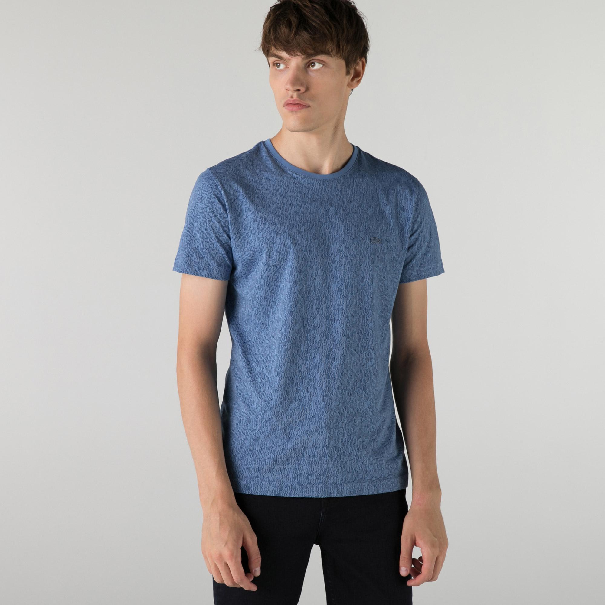 Lacoste Erkek Slim Fit Bisiklet Yaka Desenli Mavi T-Shirt. 5