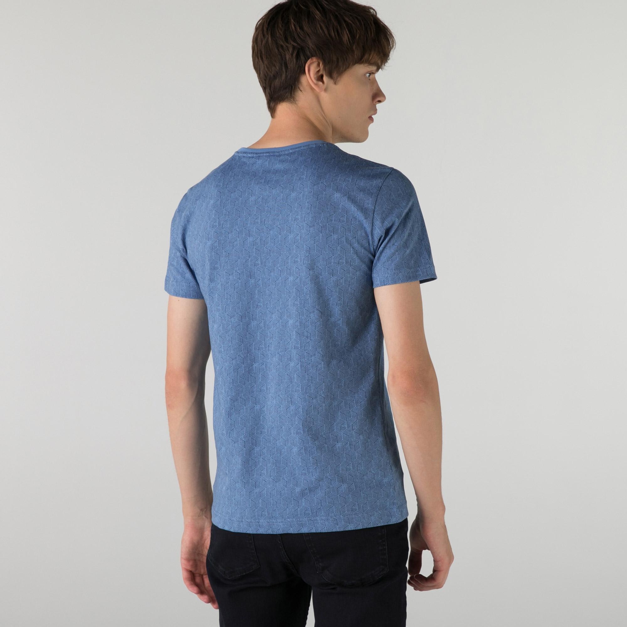 Lacoste Erkek Slim Fit Bisiklet Yaka Desenli Mavi T-Shirt. 1