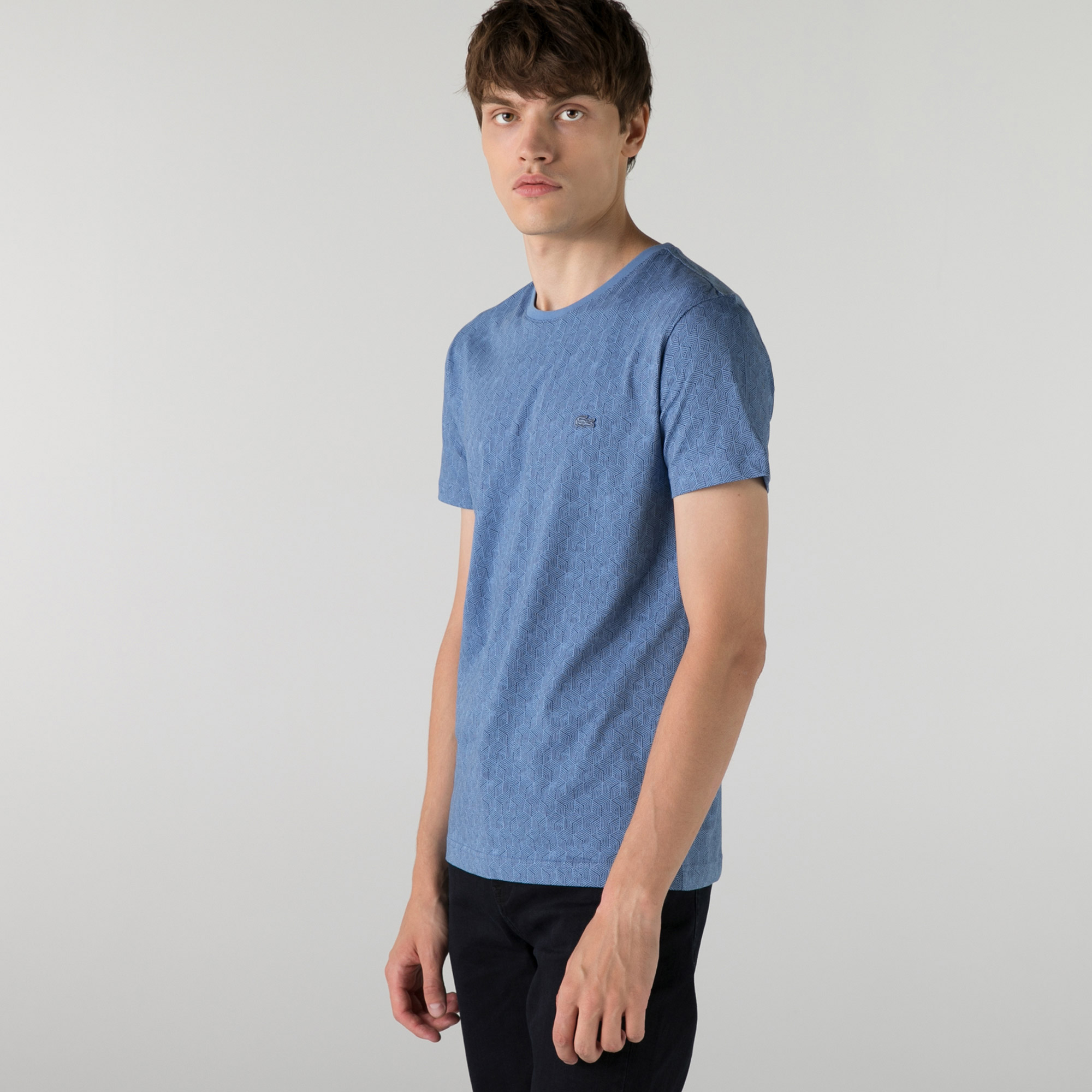 Lacoste Erkek Slim Fit Bisiklet Yaka Desenli Mavi T-Shirt. 3