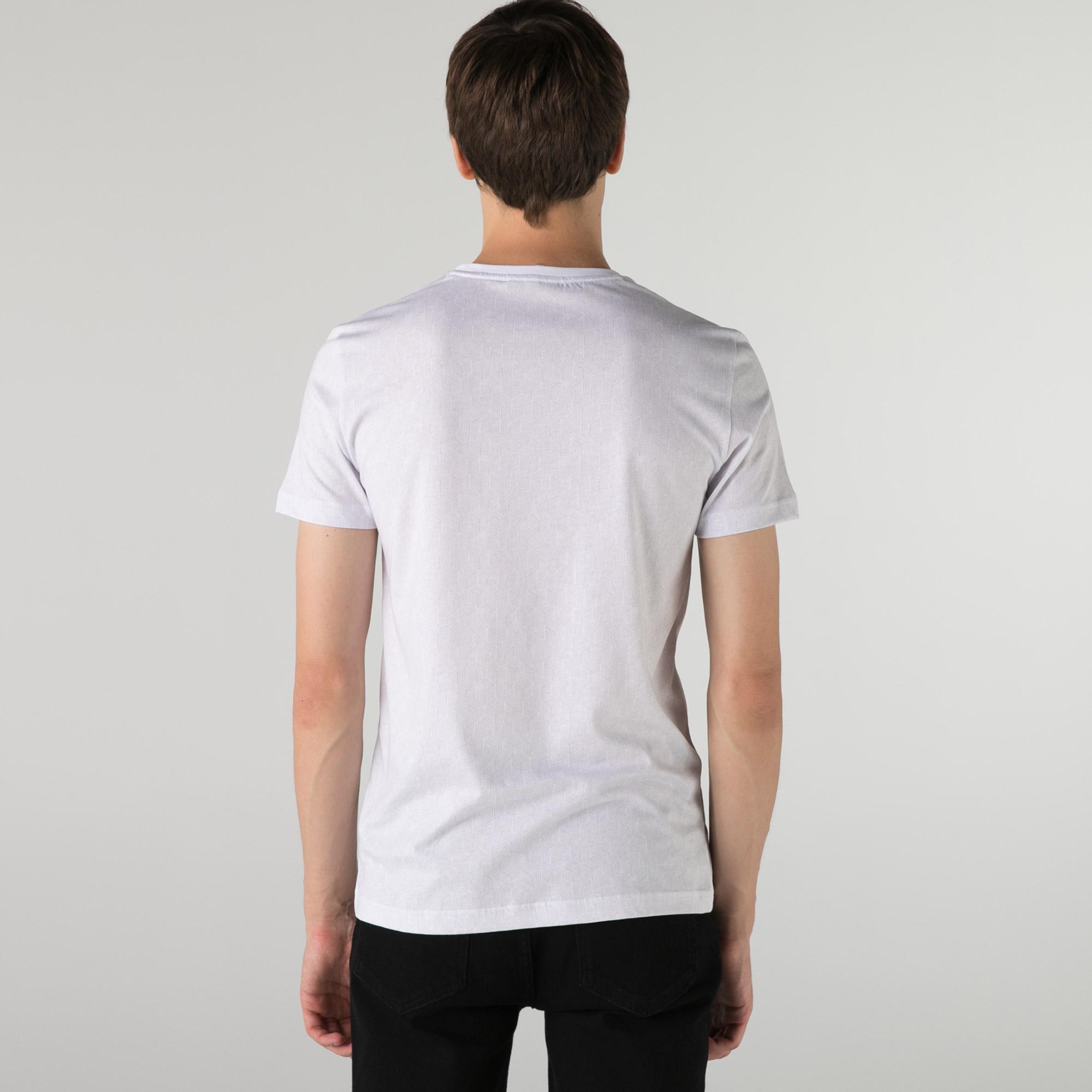 Lacoste Erkek Slim Fit Bisiklet Yaka Desenli Beyaz T-Shirt. 2