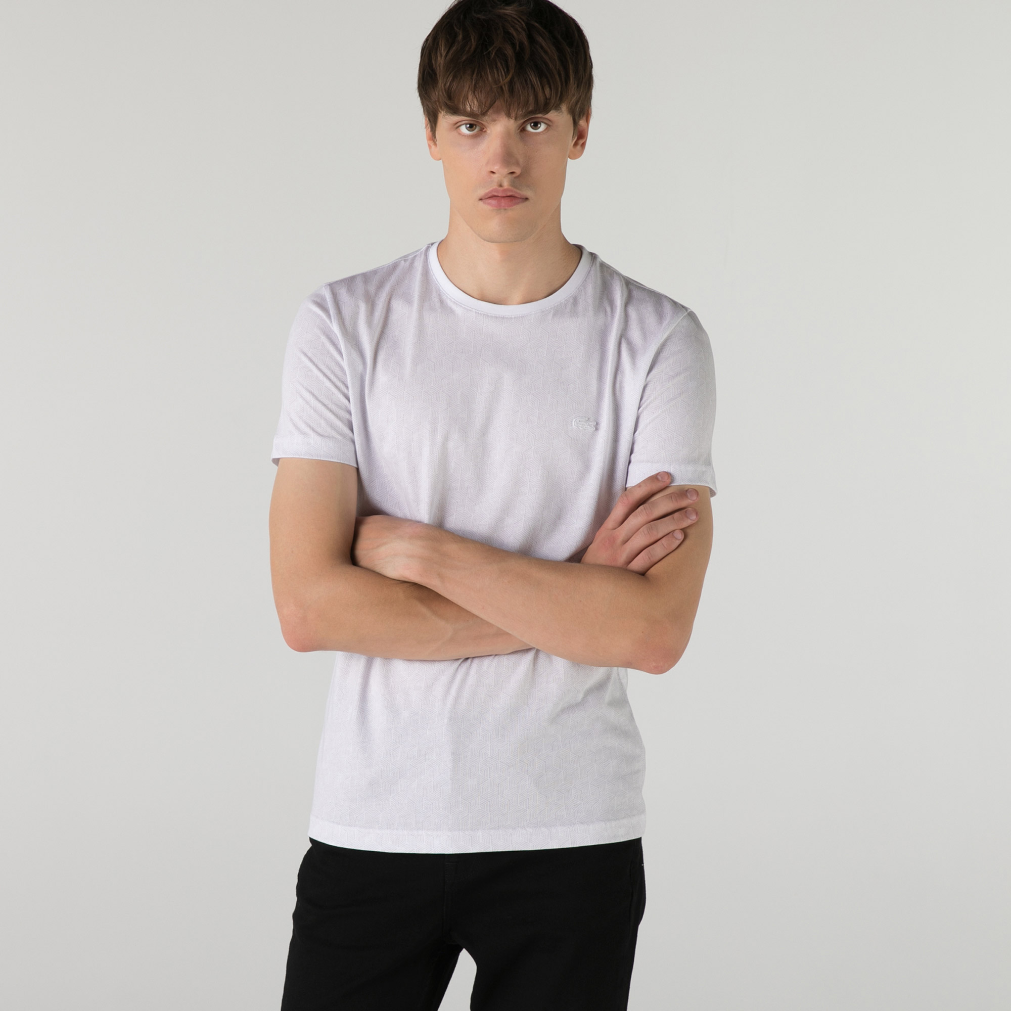 Lacoste Erkek Slim Fit Bisiklet Yaka Desenli Beyaz T-Shirt. 3