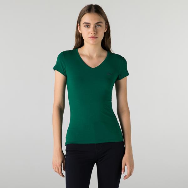 Lacoste Kadın Slim Fit V Yaka Yeşil T-Shirt