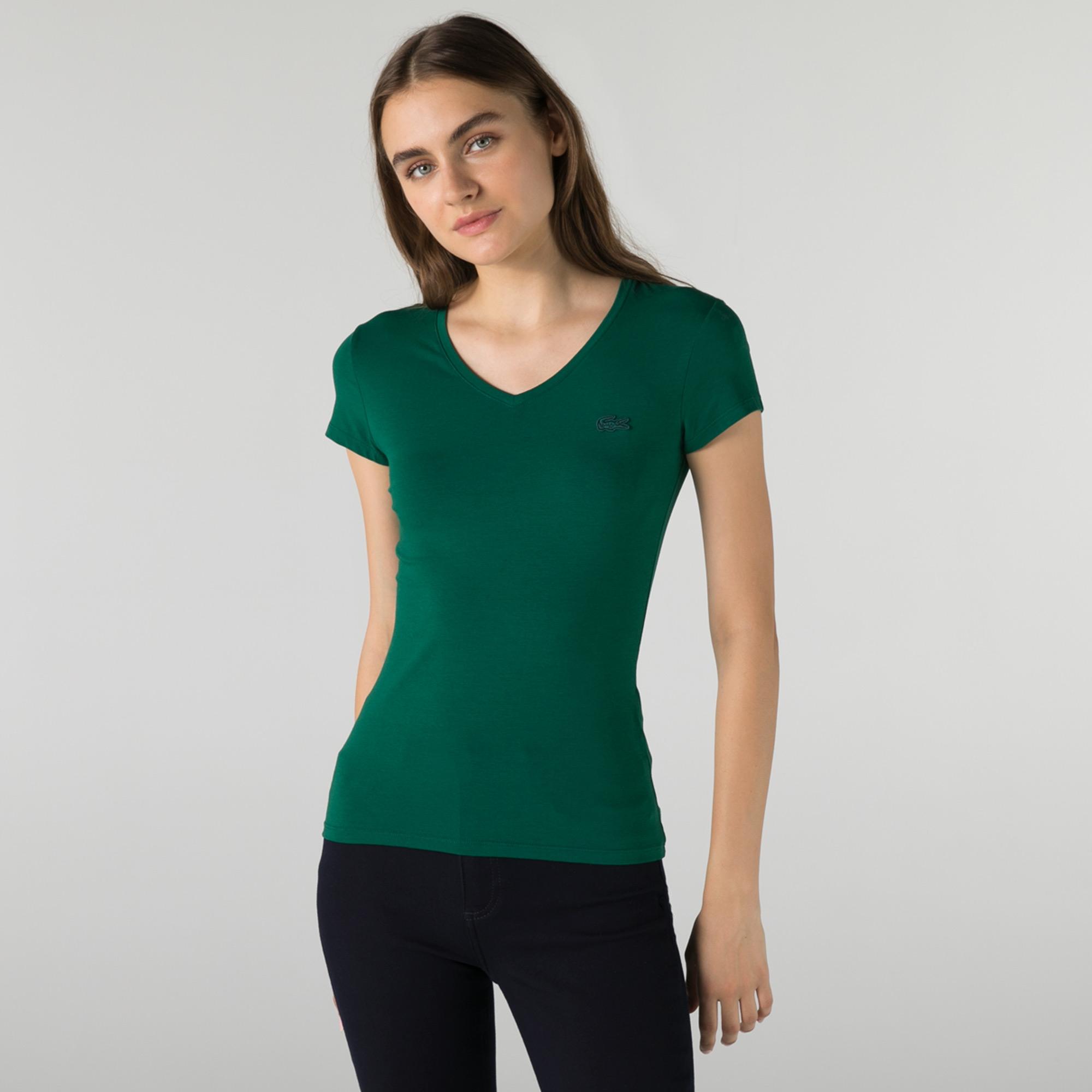 Lacoste Kadın Slim Fit V Yaka Yeşil T-Shirt. 5