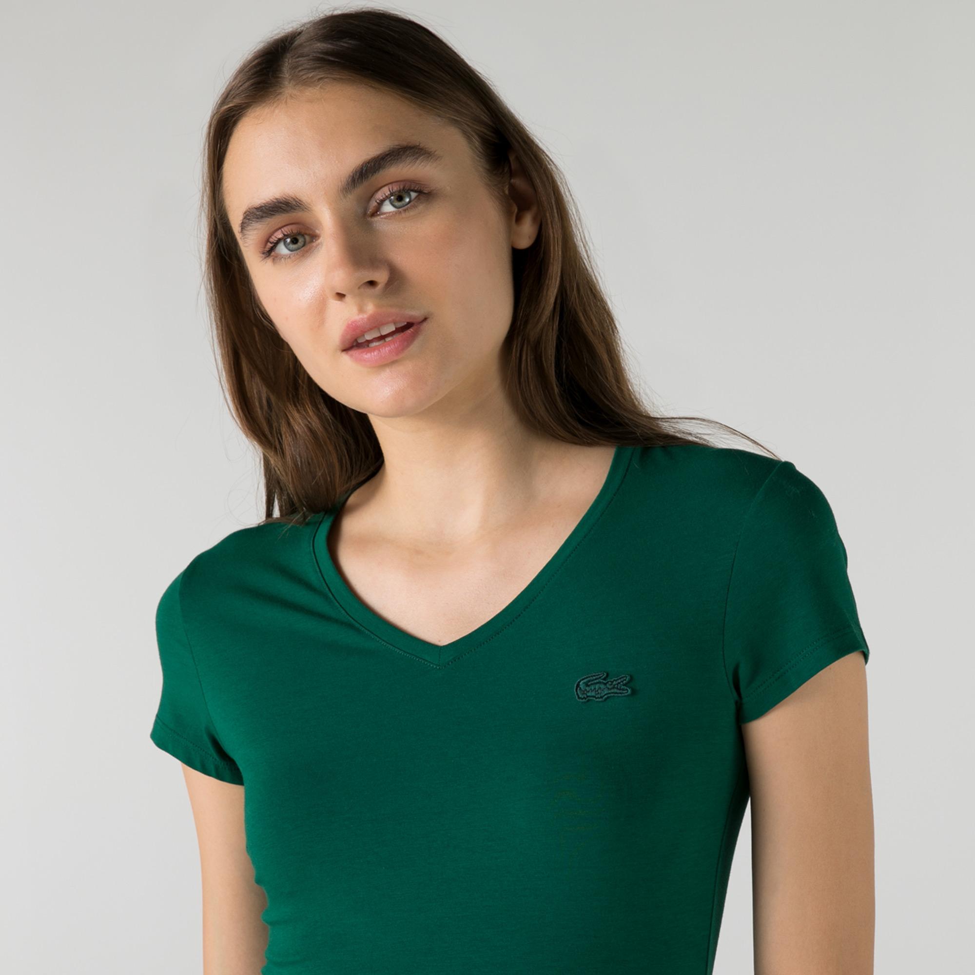 Lacoste Kadın Slim Fit V Yaka Yeşil T-Shirt. 5