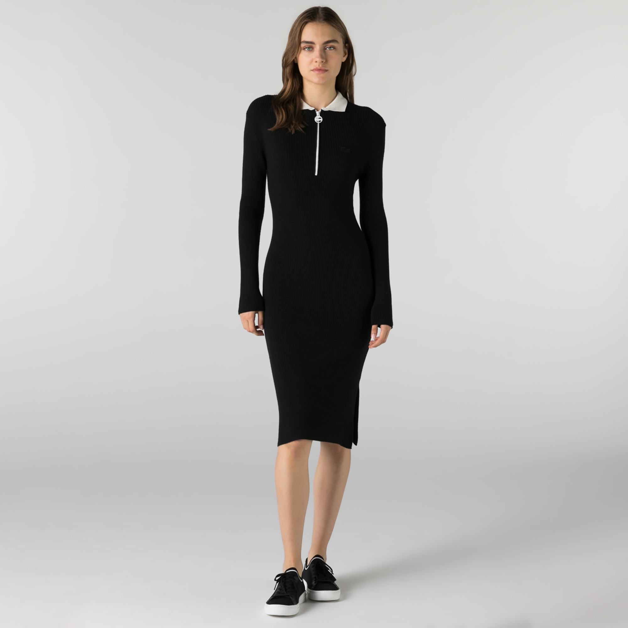 Lacoste Kadın Slim Fit Uzun Kollu Polo Yaka Çizgili Siyah Elbise. 1