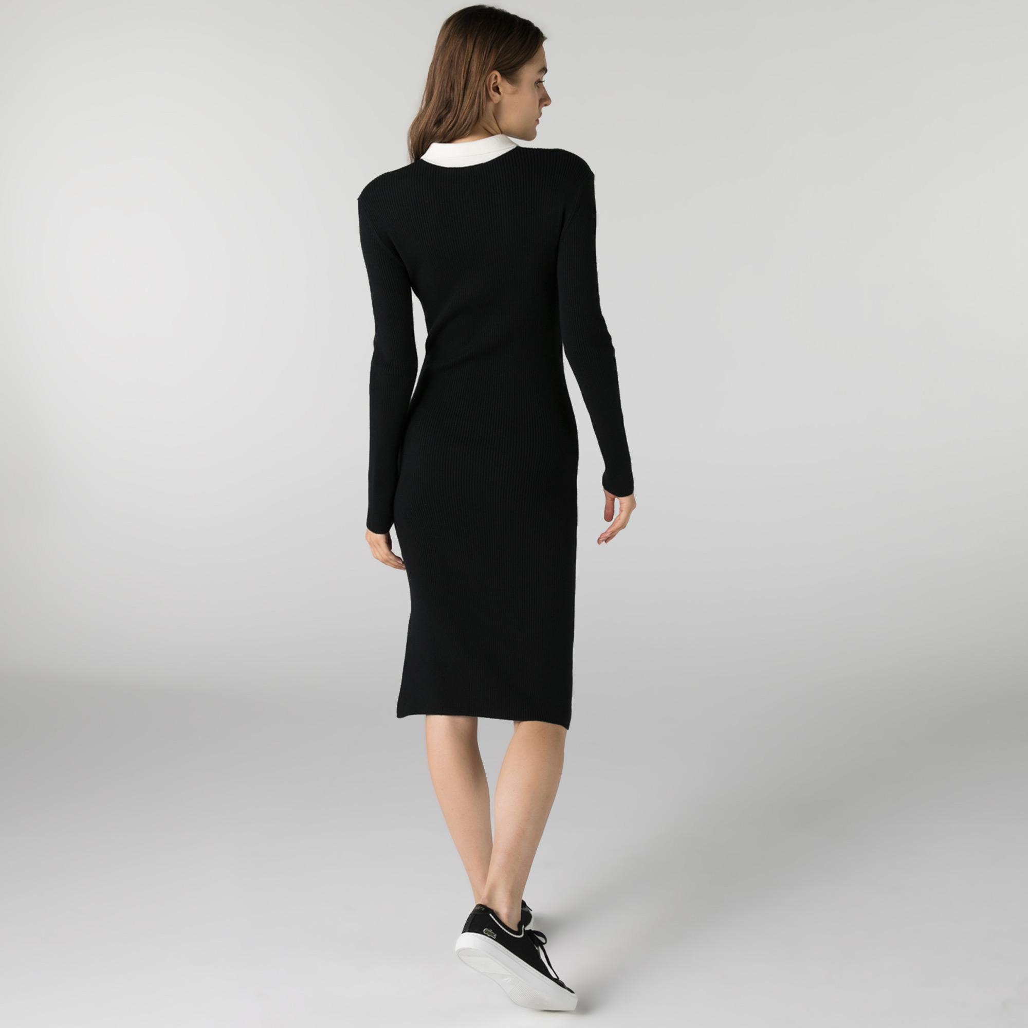 Lacoste Kadın Slim Fit Uzun Kollu Polo Yaka Çizgili Siyah Elbise