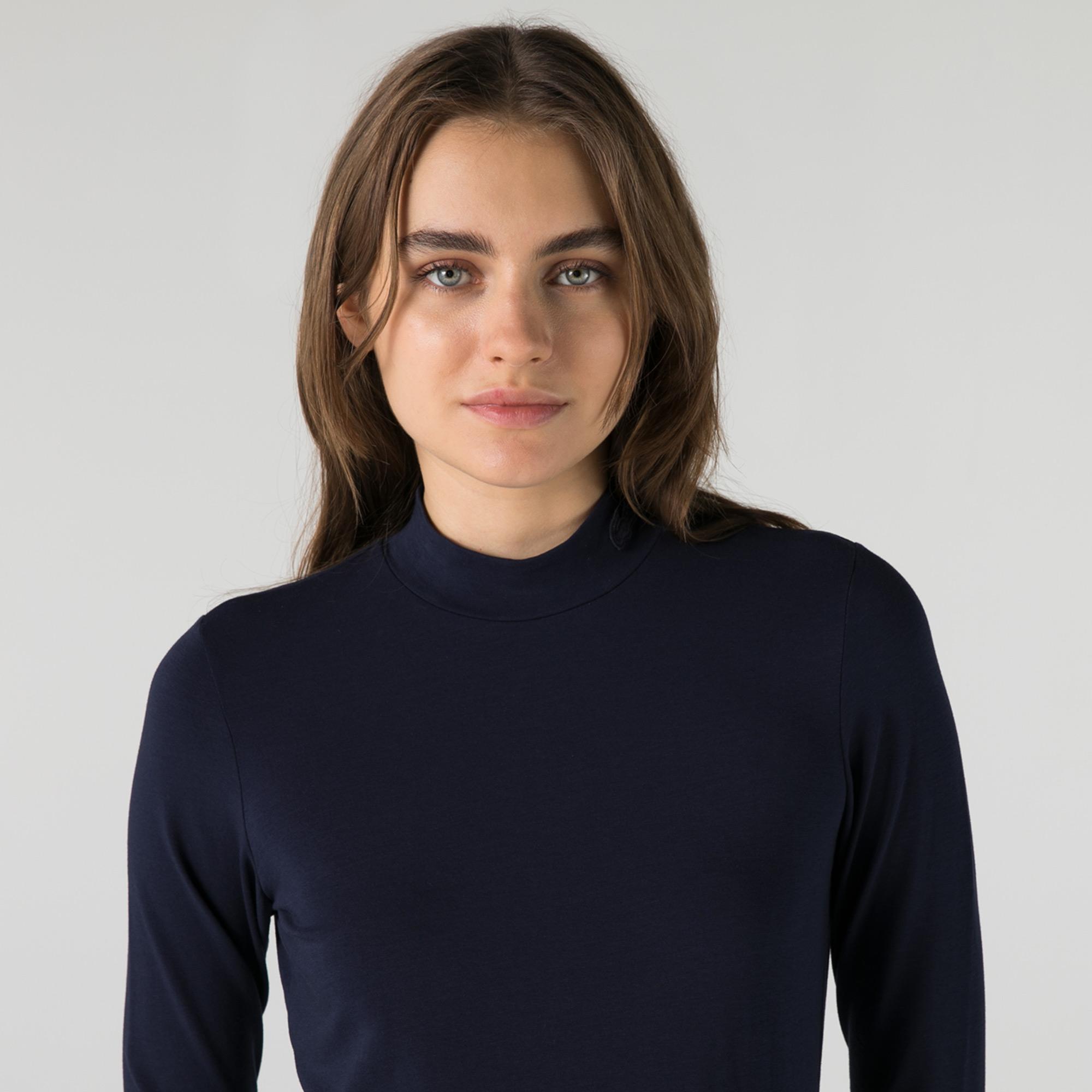 Lacoste Kadın Slim Fit Uzun Kollu Yarım Yaka Lacivert T-Shirt. 4