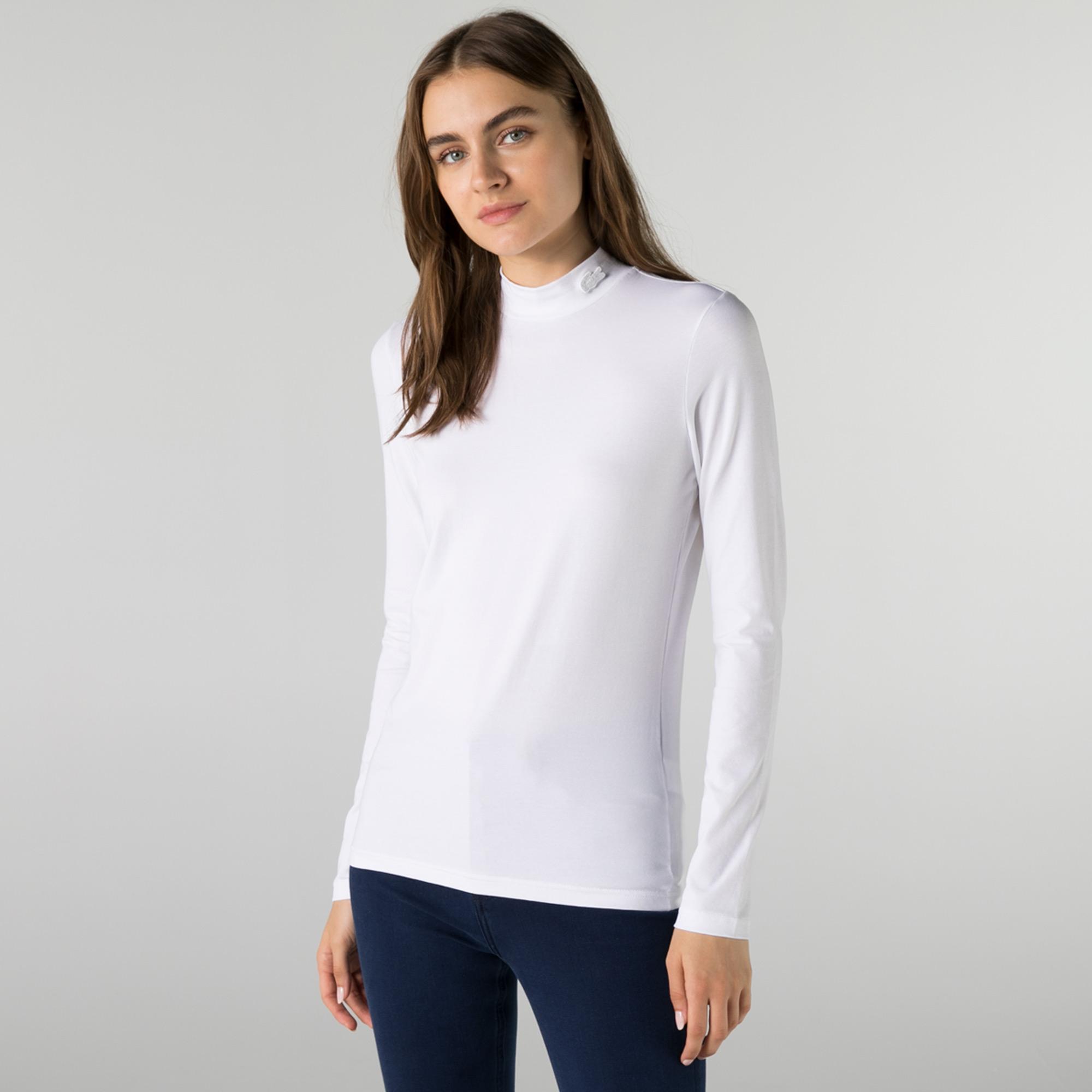 Lacoste Kadın Slim Fit Uzun Kollu Boğazlı Yaka Beyaz T-Shirt. 4