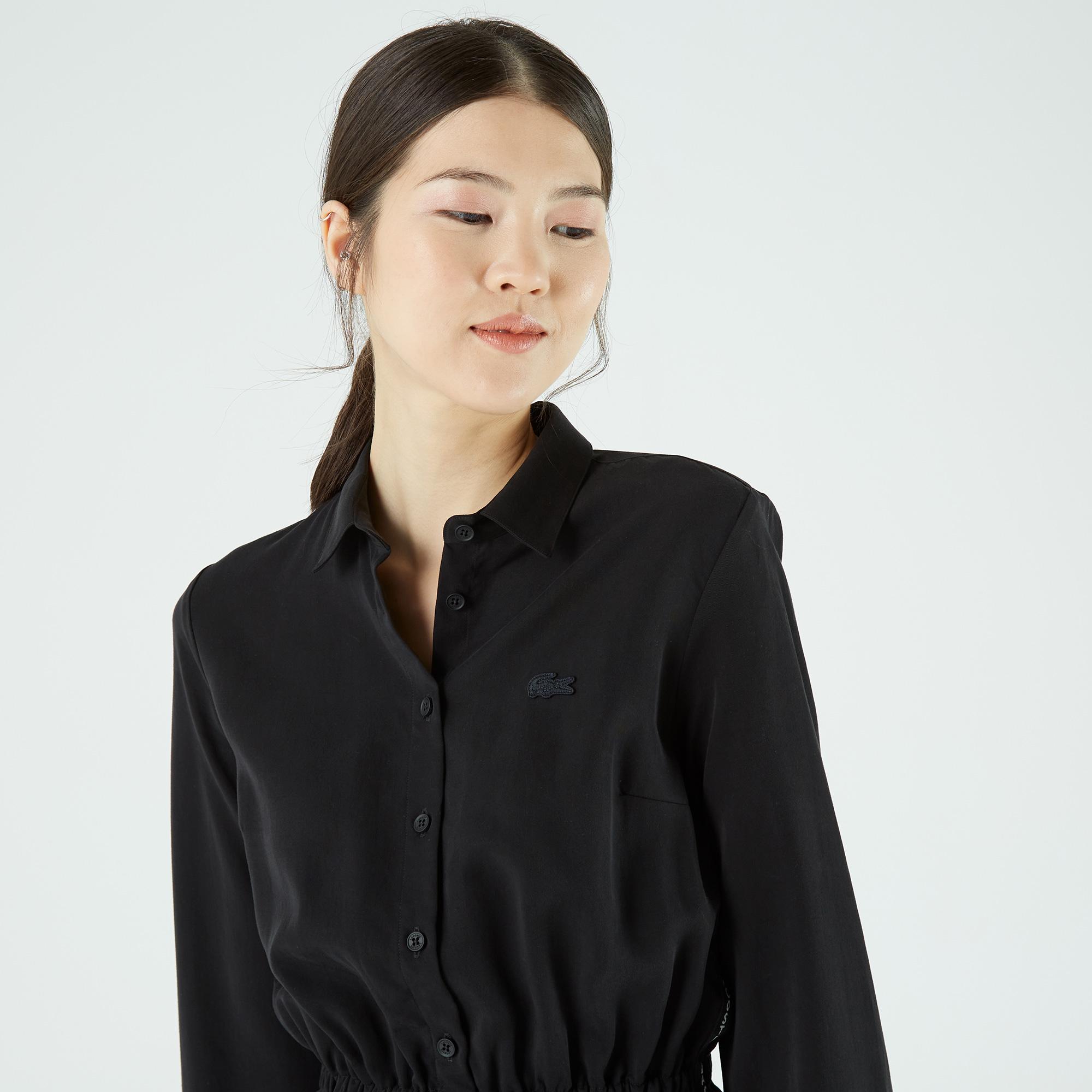 Lacoste Kadın Loose Fit Uzun Kollu Gömlek Yaka Denim Siyah Elbise. 5