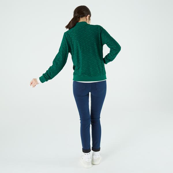 Lacoste Kadın Slim Fit Fermuarlı Desenli Yeşil Sweatshirt