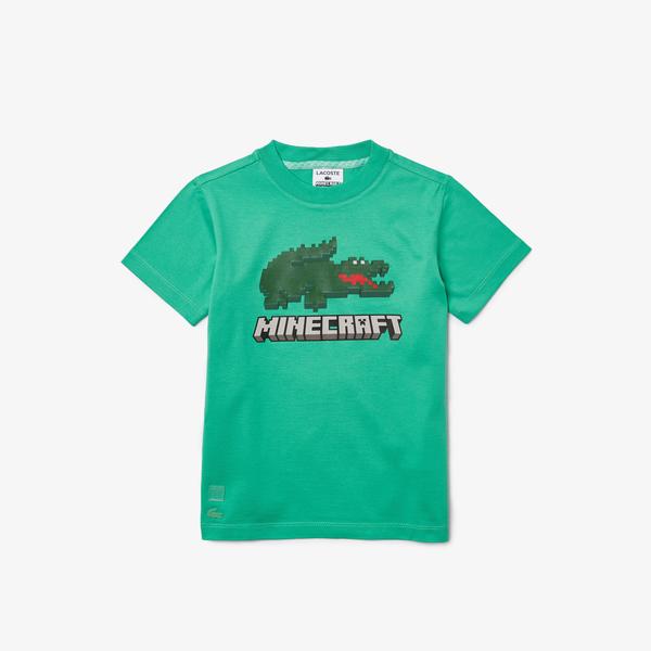 Lacoste X Minecraft Çocuk Bisiklet Yaka Baskılı Pembe T-Shirt