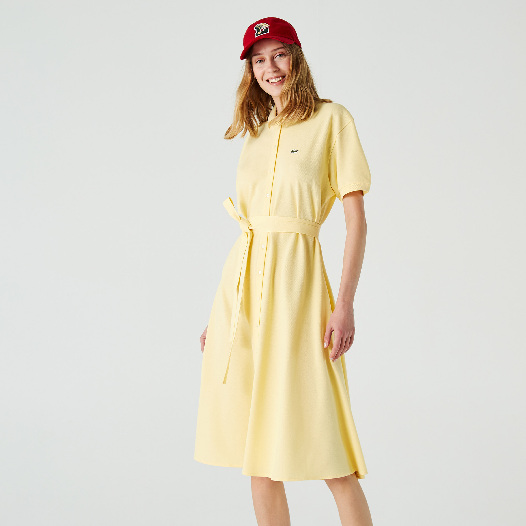 Lacoste Kadın Loose Fit Kısa Kollu Gömlek Yaka Sarı Elbise. 1