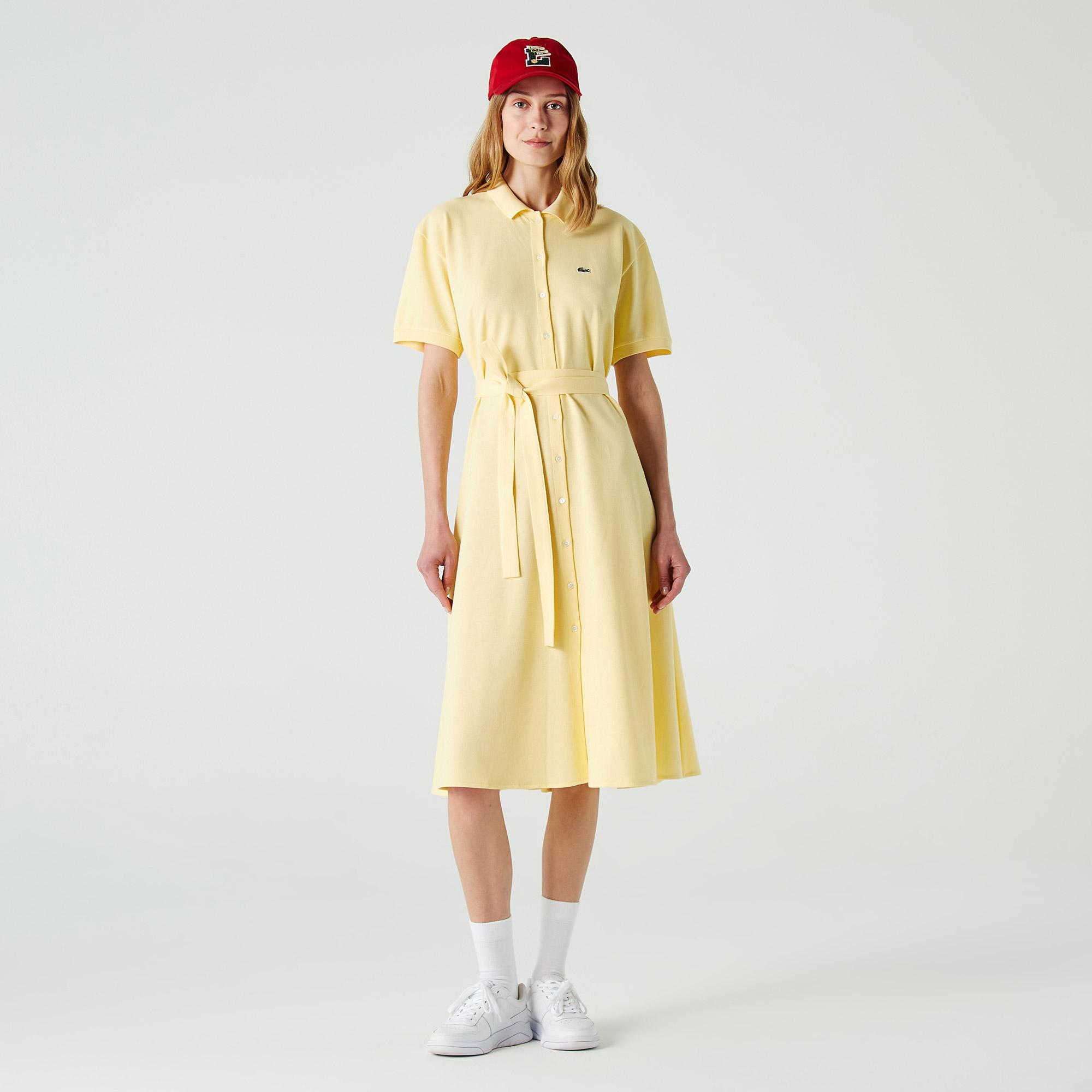 Lacoste Kadın Loose Fit Kısa Kollu Gömlek Yaka Sarı Elbise. 4