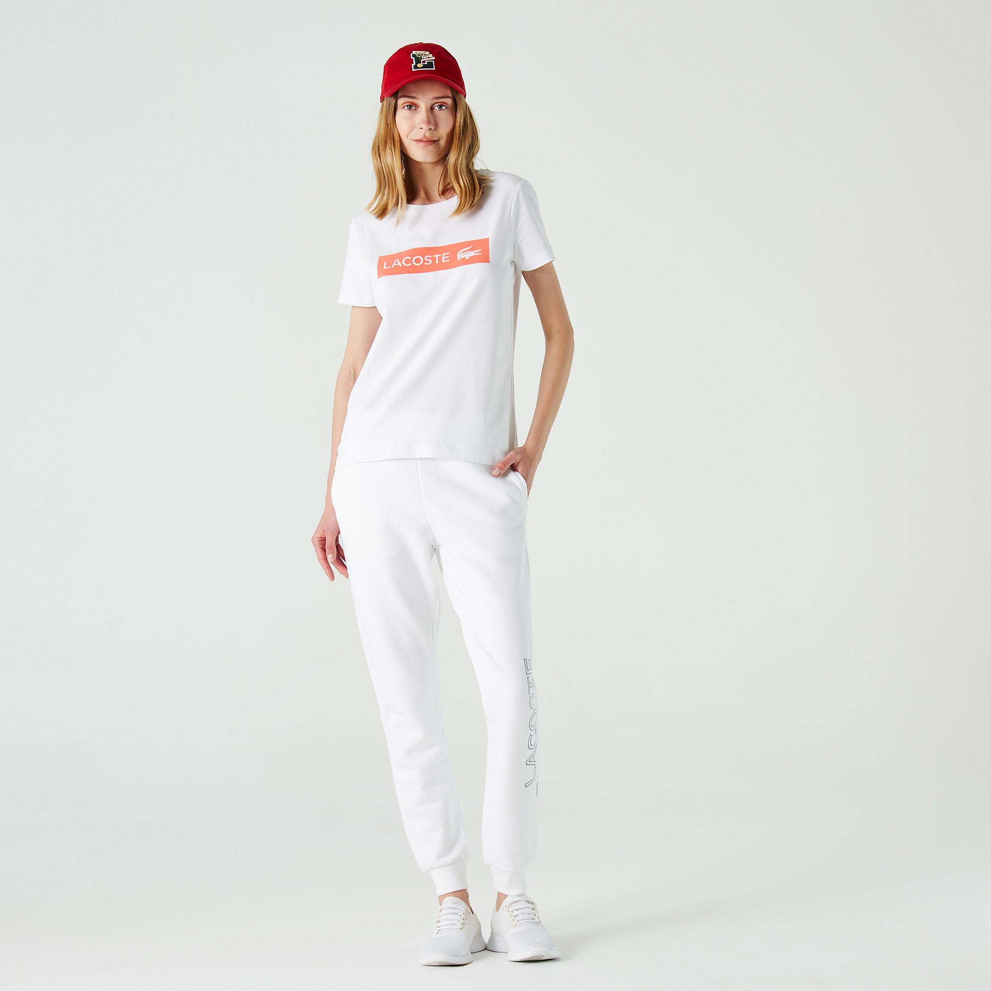 Lacoste Kadın Slim Fit Bisiklet Yaka Baskılı Beyaz T-Shirt. 4