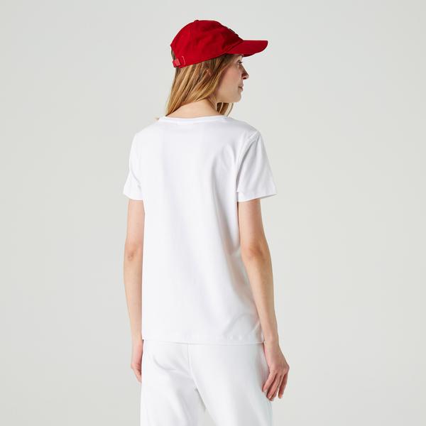 Lacoste Kadın Slim Fit Bisiklet Yaka Baskılı Beyaz T-Shirt