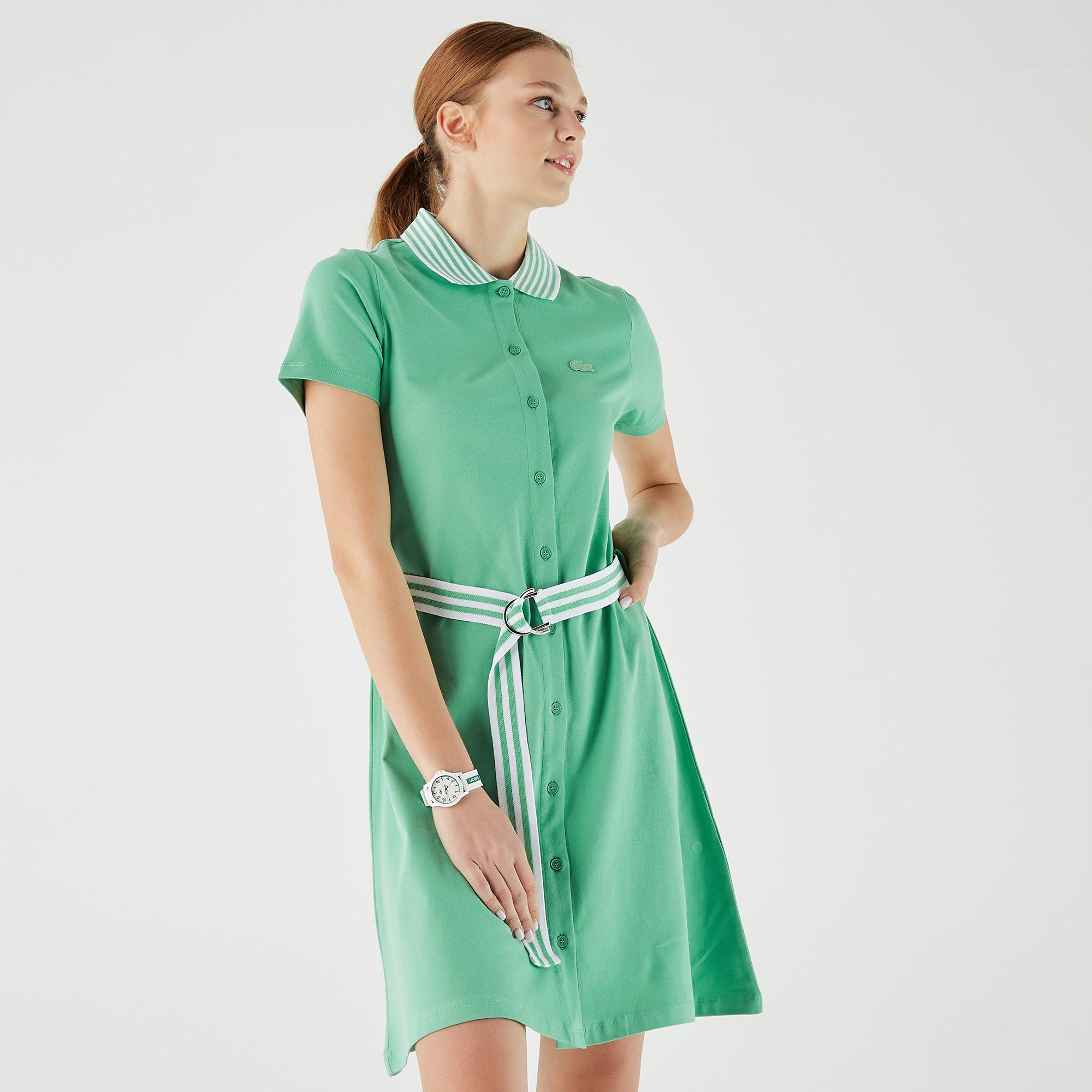Lacoste Kadın Loose Fit Kısa Kollu Gömlek Yaka Yeşil Elbise. 4