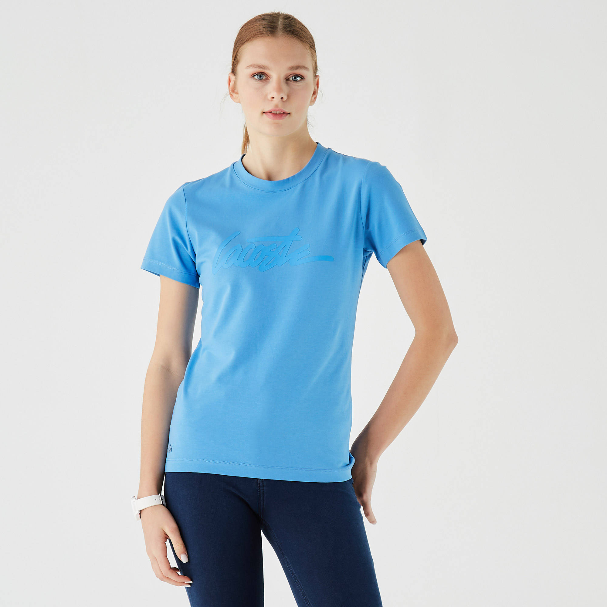 Lacoste Kadın Slim Fit Bisiklet Yaka Baskılı Mavi T-Shirt. 1