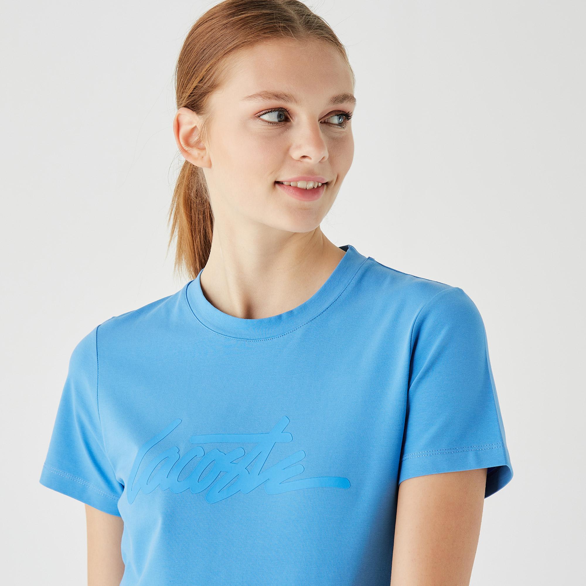 Lacoste Kadın Slim Fit Bisiklet Yaka Baskılı Mavi T-Shirt. 5