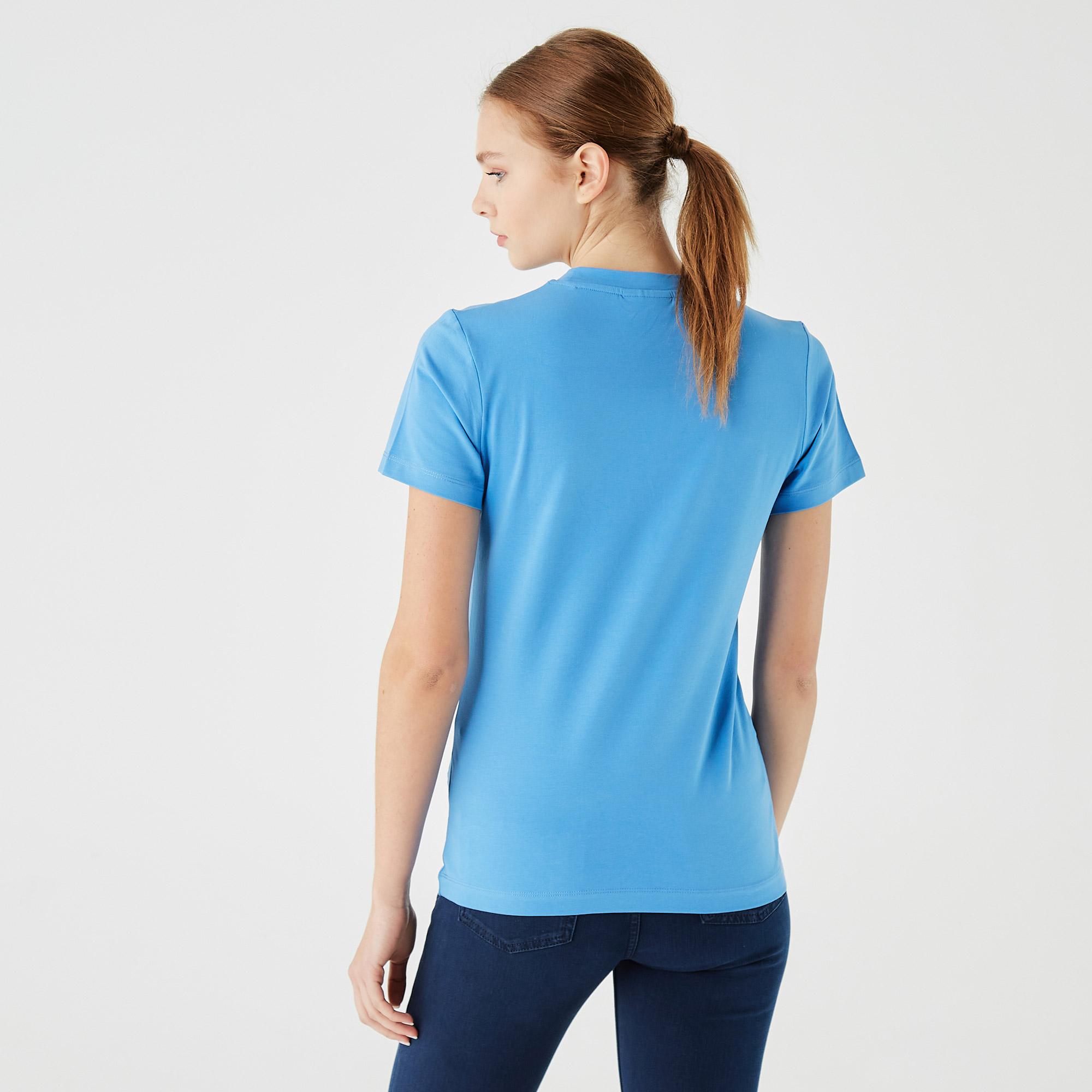 Lacoste Kadın Slim Fit Bisiklet Yaka Baskılı Mavi T-Shirt. 3