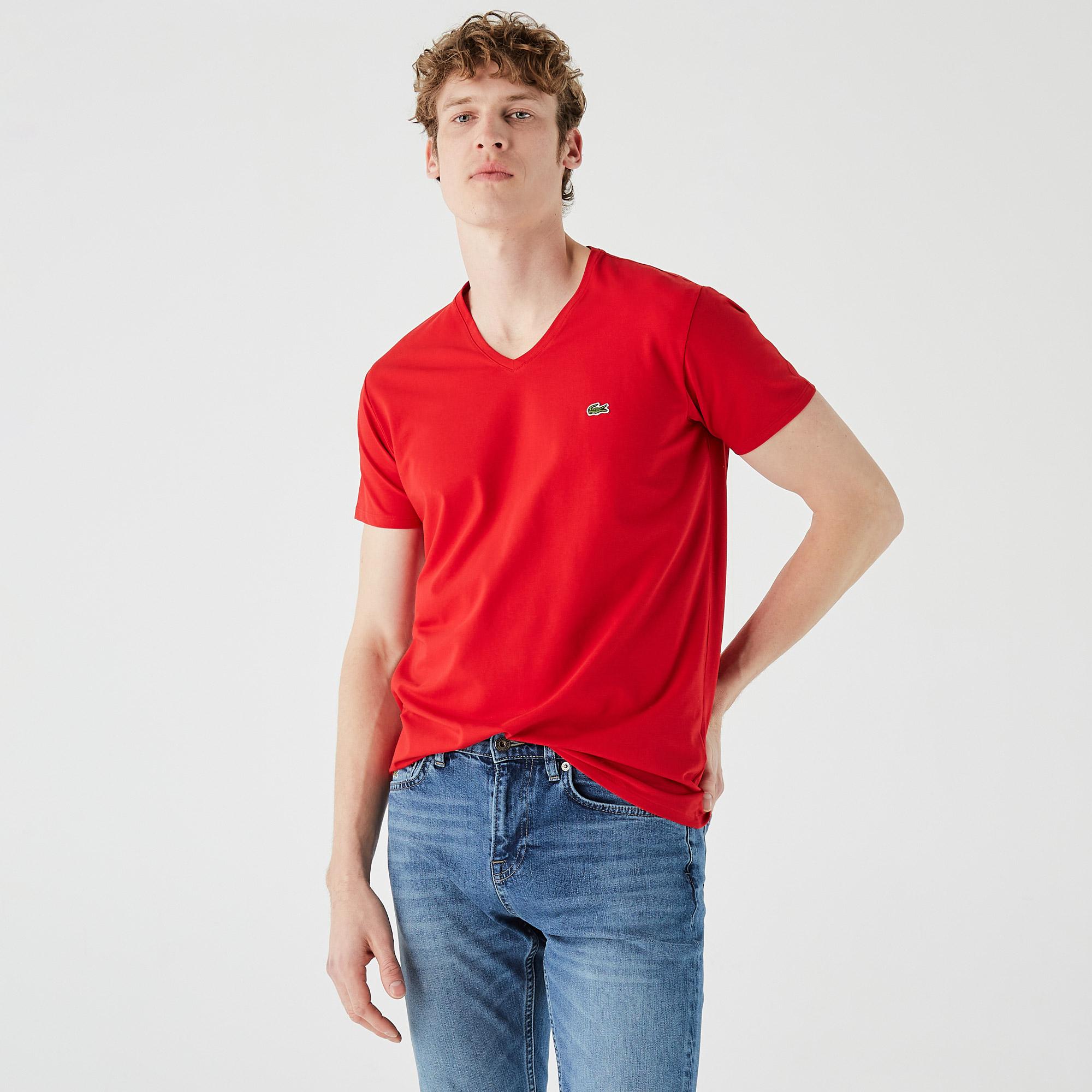 Lacoste Erkek Slim Fit V Yaka Kırmızı T-Shirt. 4