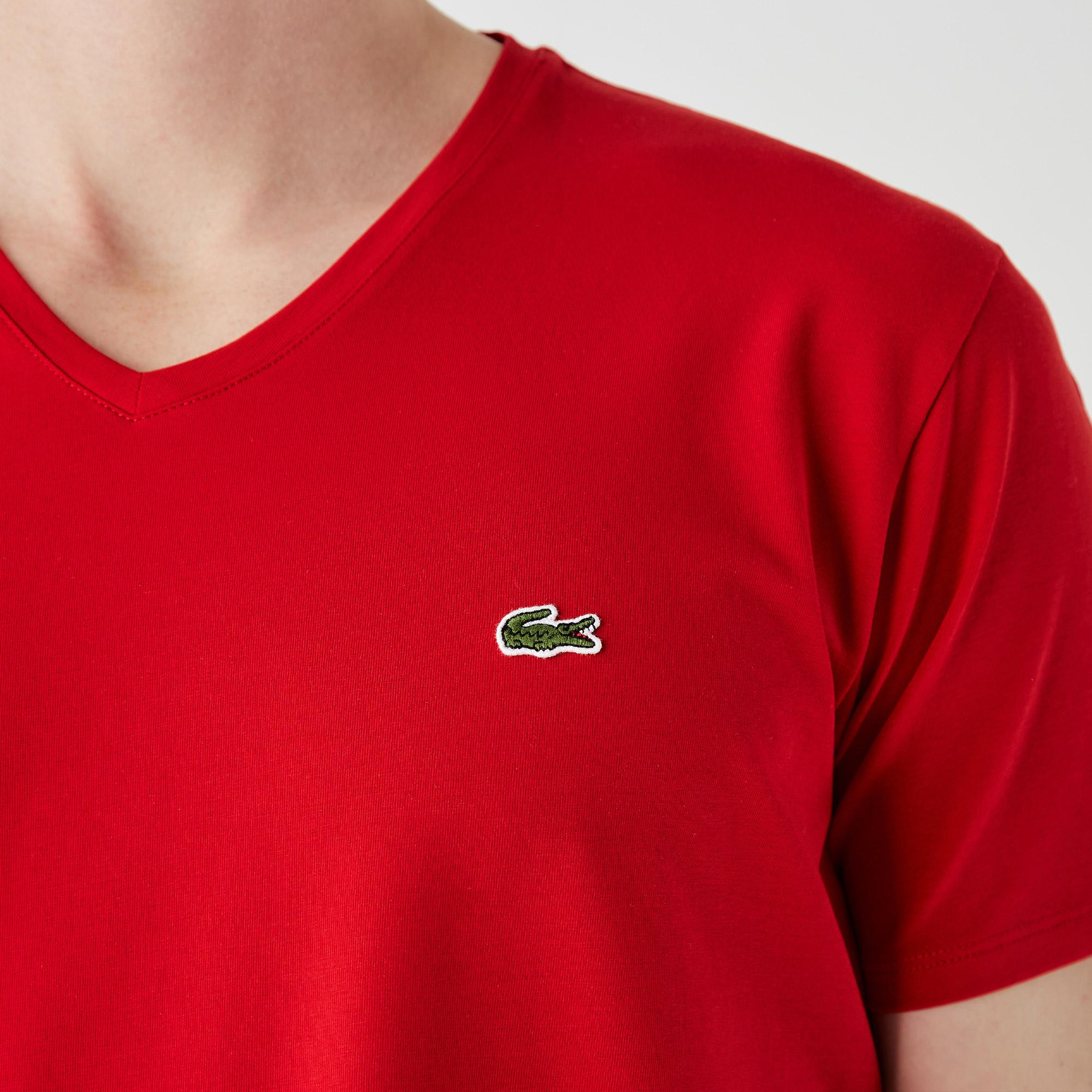 Lacoste Erkek Slim Fit V Yaka Kırmızı T-Shirt. 6