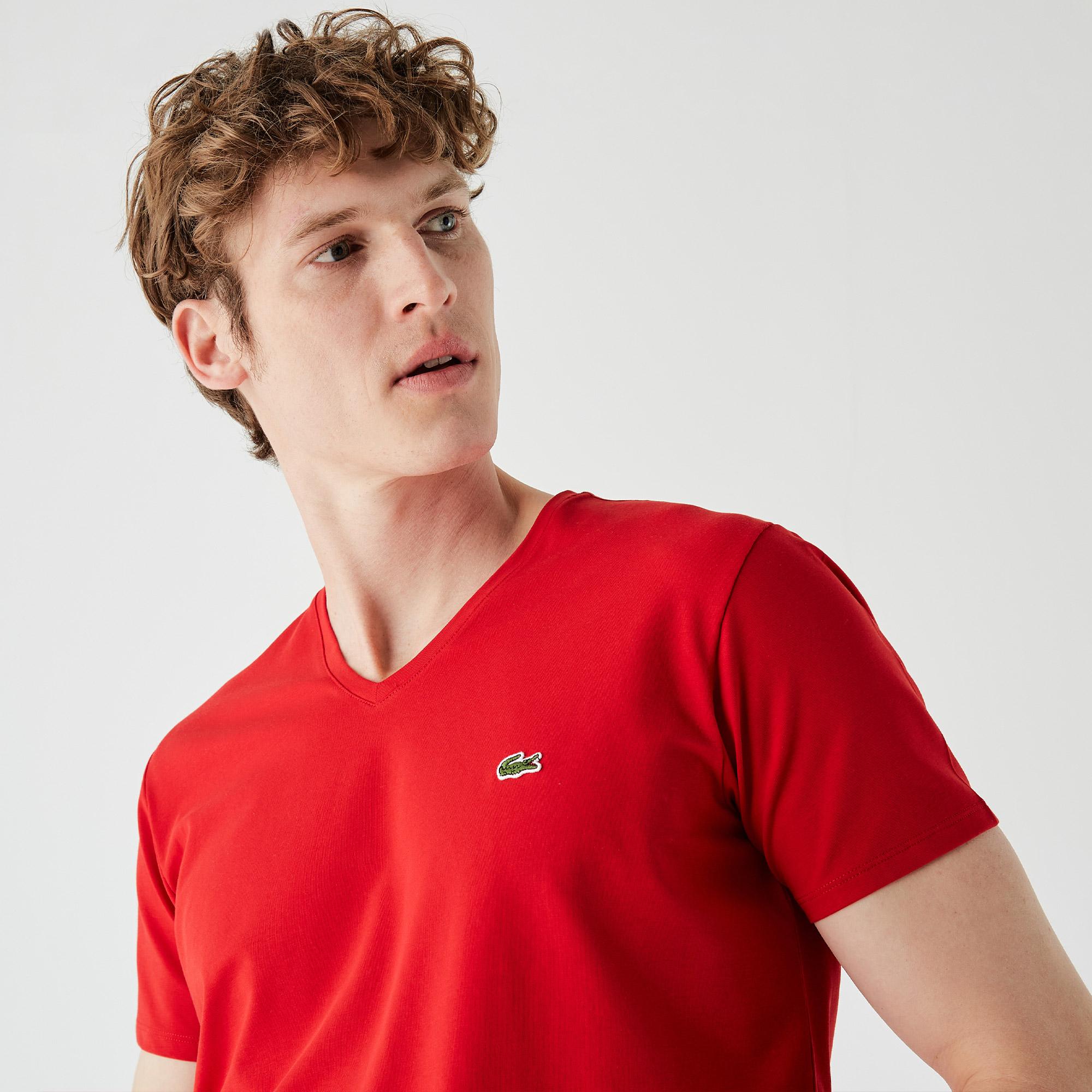 Lacoste Erkek Slim Fit V Yaka Kırmızı T-Shirt. 5