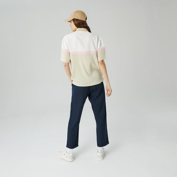 Lacoste Kadın Relaxed Fit Kısa Kollu Yarım Fermuarlı Renk Bloklu Bej Bluz