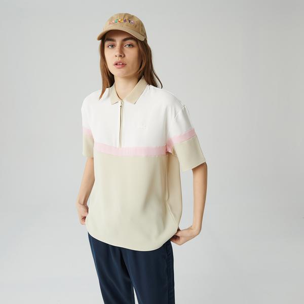 Lacoste Kadın Relaxed Fit Kısa Kollu Yarım Fermuarlı Renk Bloklu Bej Bluz