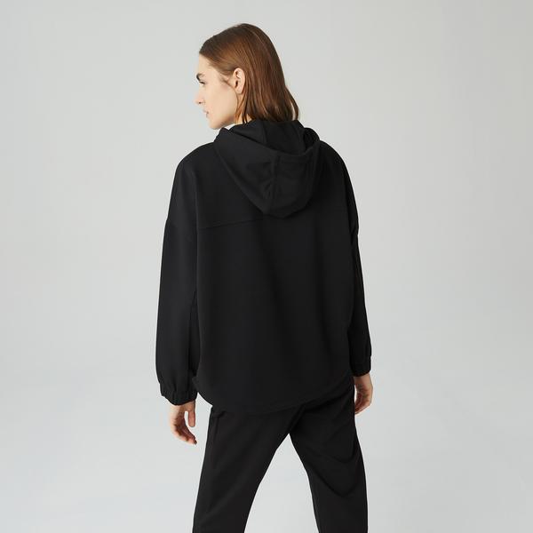Lacoste Kadın Relaxed Fit Kapüşonlu Fermuarlı Siyah Sweatshirt