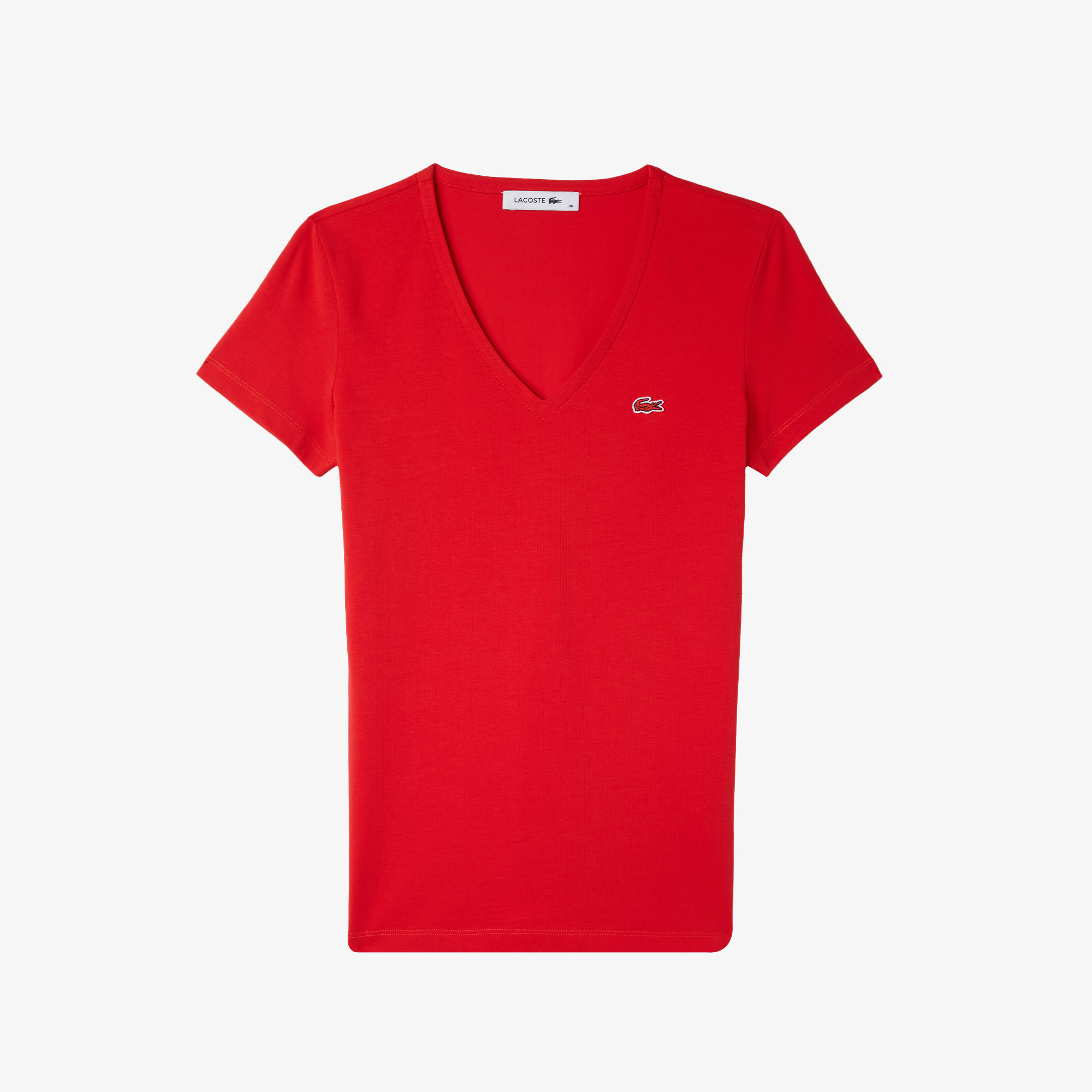 Lacoste Kadın Slim Fit V Yaka Kırmızı T-Shirt. 1